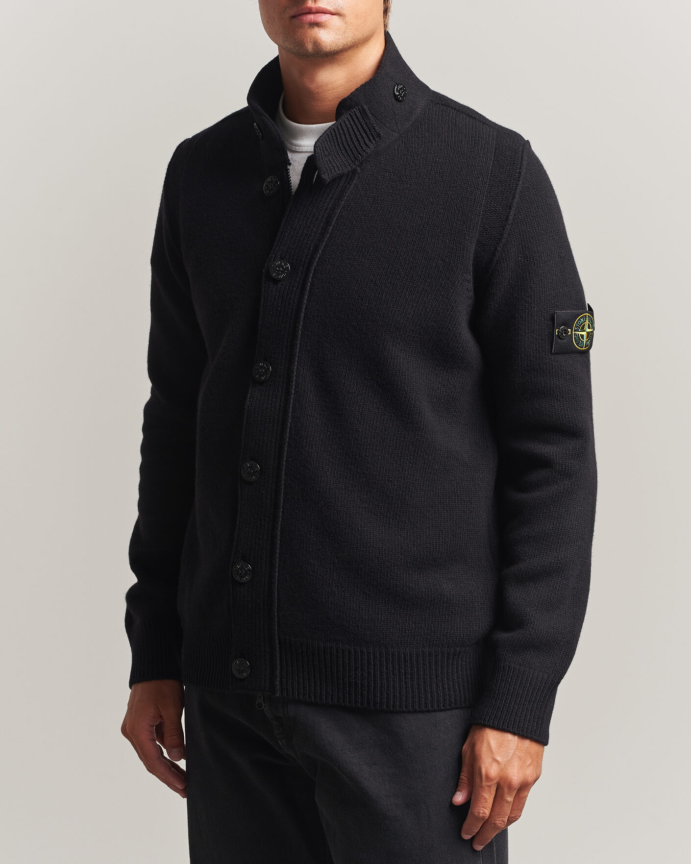 Hombres | Jerséis y prendas de punto | Stone Island | Knitted Lambswool Zip Button Cardigan Black