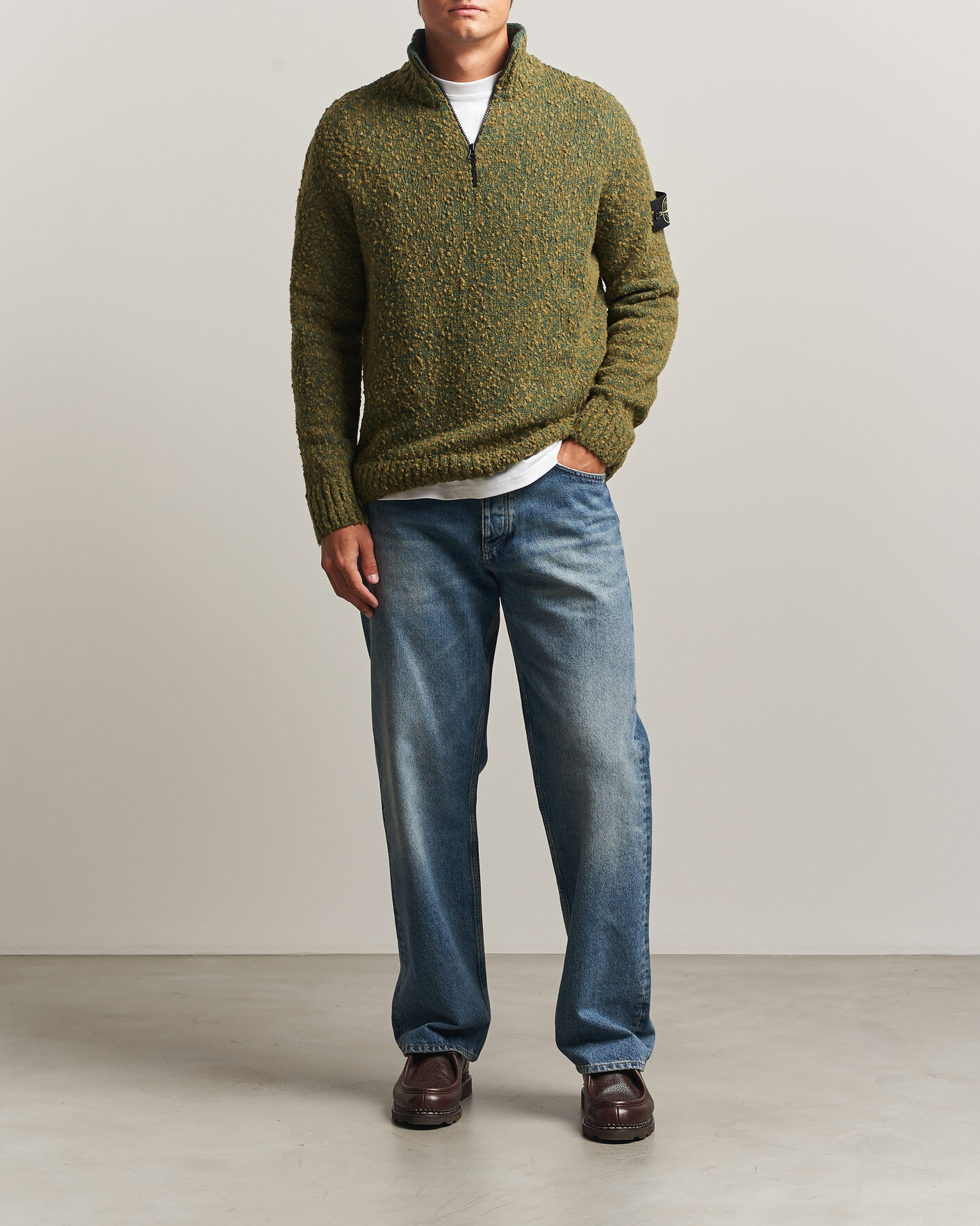 Hombres | Jerséis y prendas de punto | Stone Island | Speckled Wool/Nylon Half Zip Dark Green Melange
