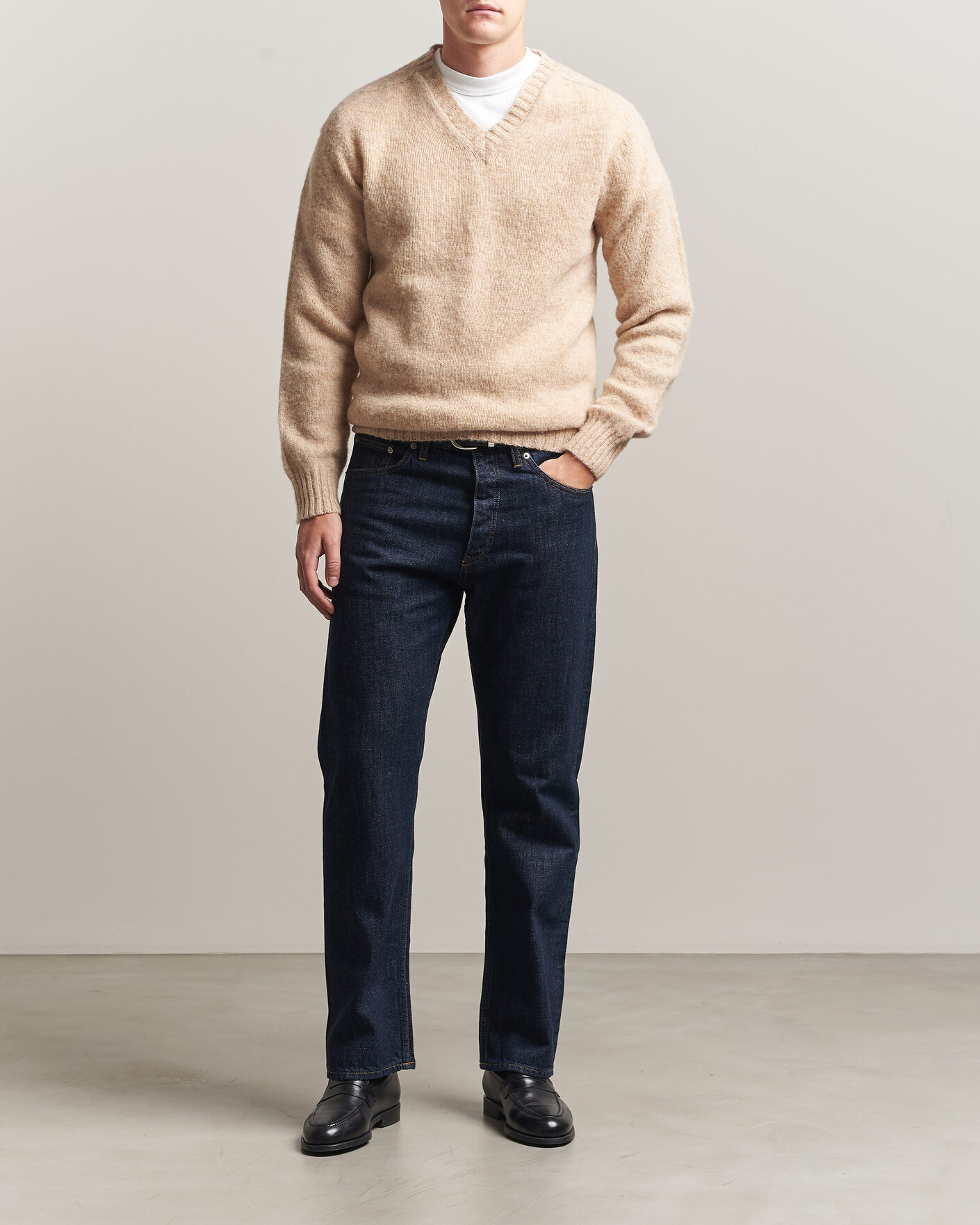 Hombres | Jerséis y prendas de punto | Harley Of Scotland for Care of Carl | Brushed Supersoft Lambswool V-Neck Beige