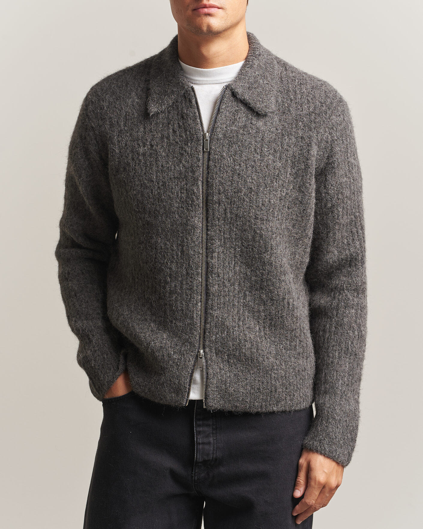 Hombres | Jerséis y prendas de punto | Samsøe Samsøe | Job Alpaca Knitted Full Zip Dark Grey Melange