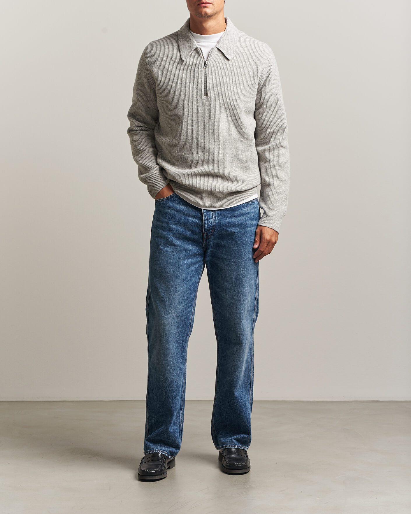 Hombres | Jerséis y prendas de punto | Samsøe Samsøe | Isak Knitted Half Zip Polo Grey Melange