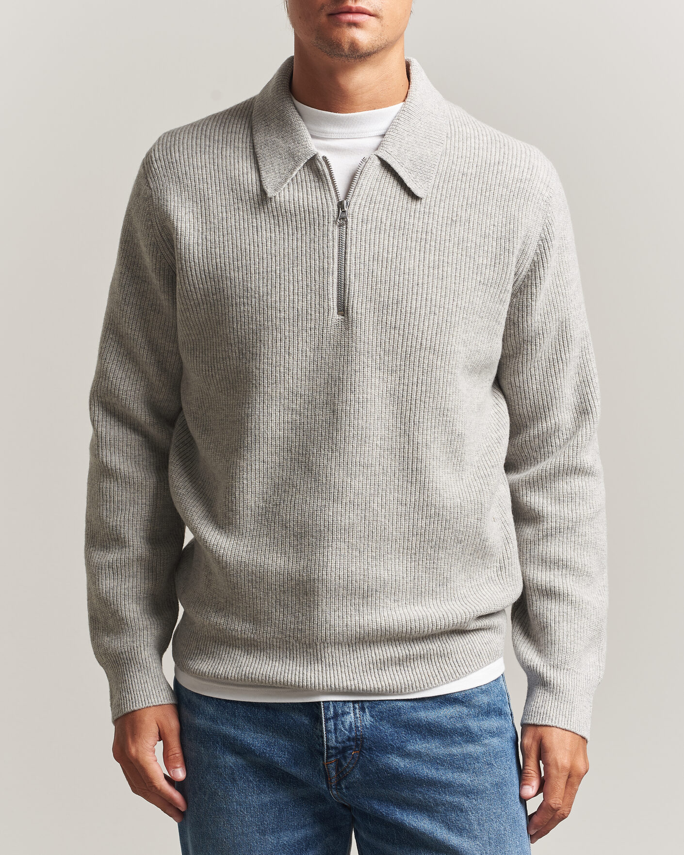 Hombres | Jerséis y prendas de punto | Samsøe Samsøe | Isak Knitted Half Zip Polo Grey Melange