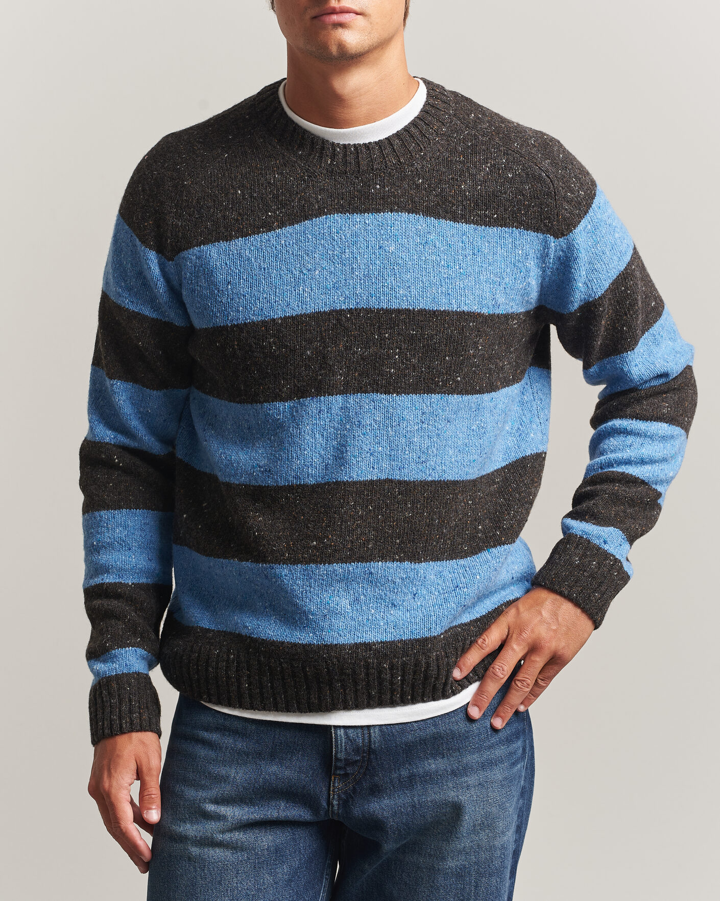 Hombres | Jerséis y prendas de punto | Samsøe Samsøe | Nate Donegal Wool Knitted Striped Sweater Brown/Blue