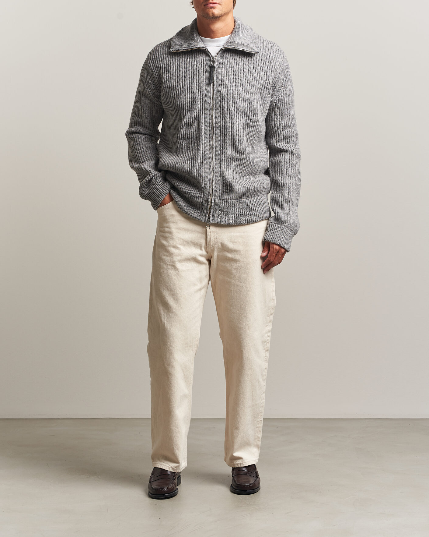 Hombres | Jerséis y prendas de punto | Tiger of Sweden | Niall Wool Heavy Knitted Full Zip Grey Melange