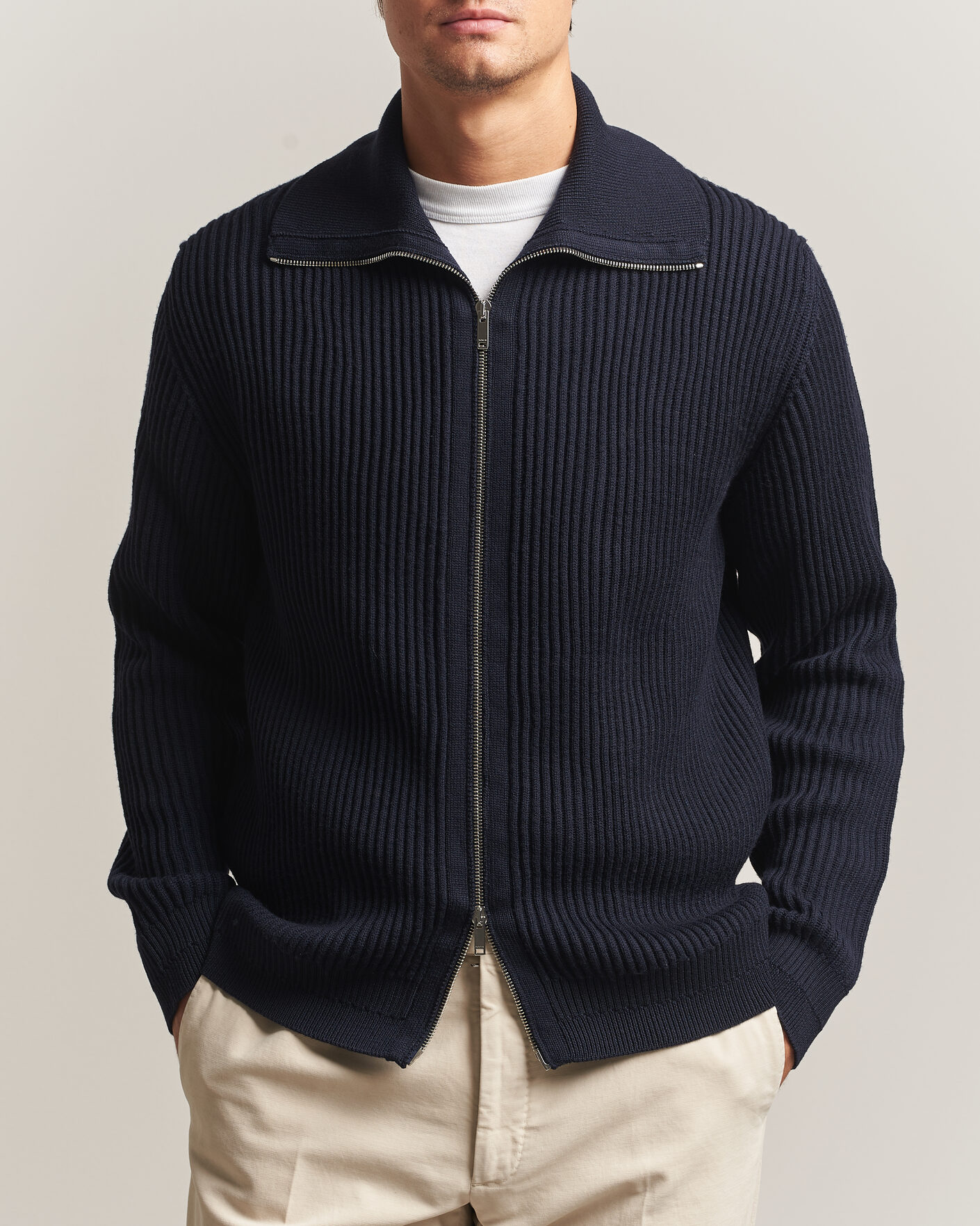 Hombres | Jerséis y prendas de punto | Zanone | Fishermans Rib Full Zip Cardigan Navy