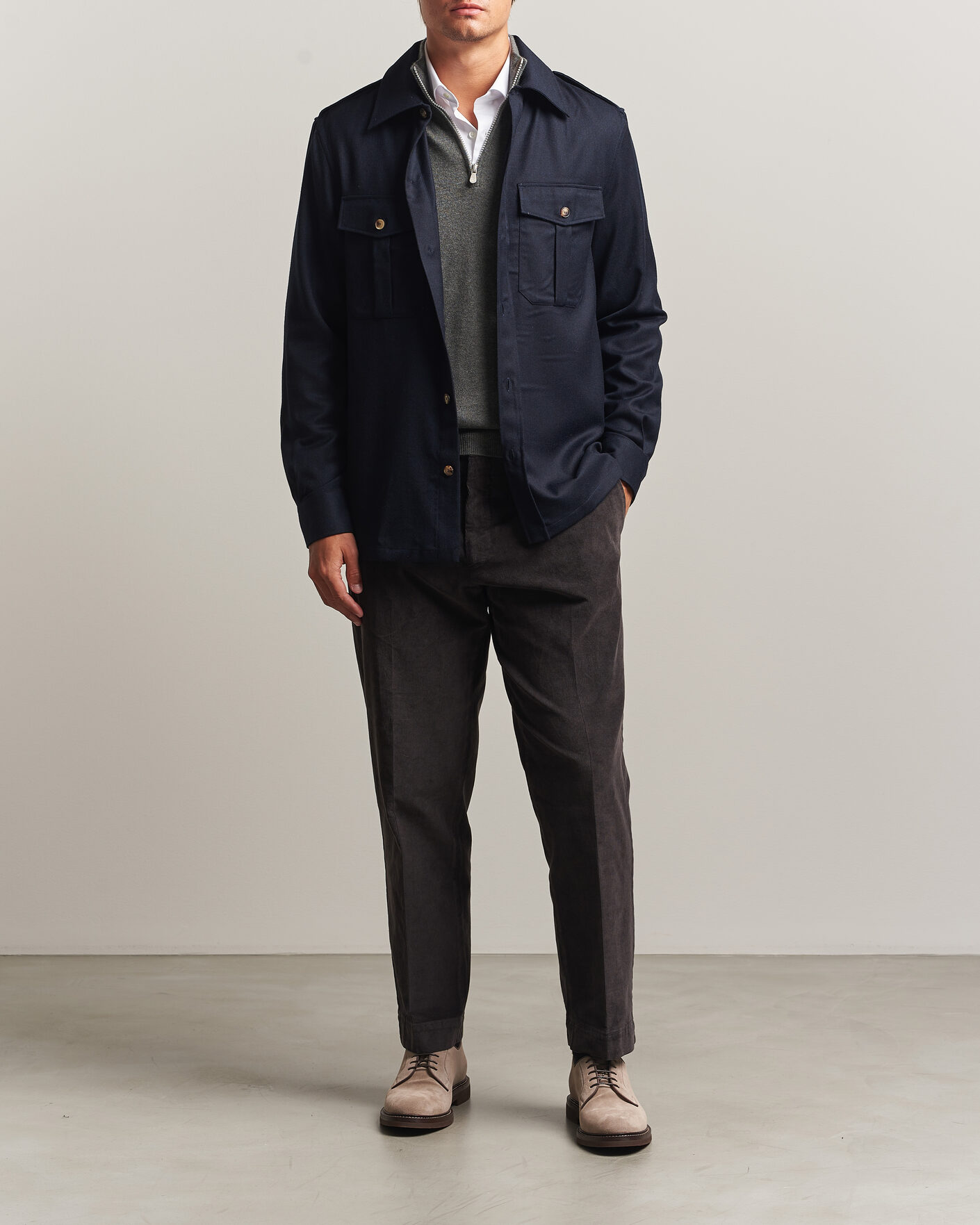 Hombres | Camisas | Brunello Cucinelli | Flannel Double Pocket Overshirt Navy