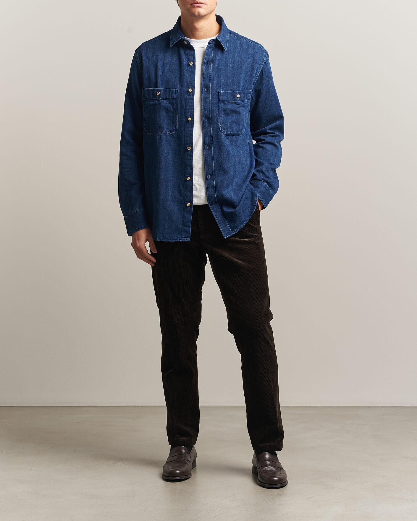 Hombres | Camisas | Gant | Regular Fit Indigo Herringbone Overshirt Mid Blue