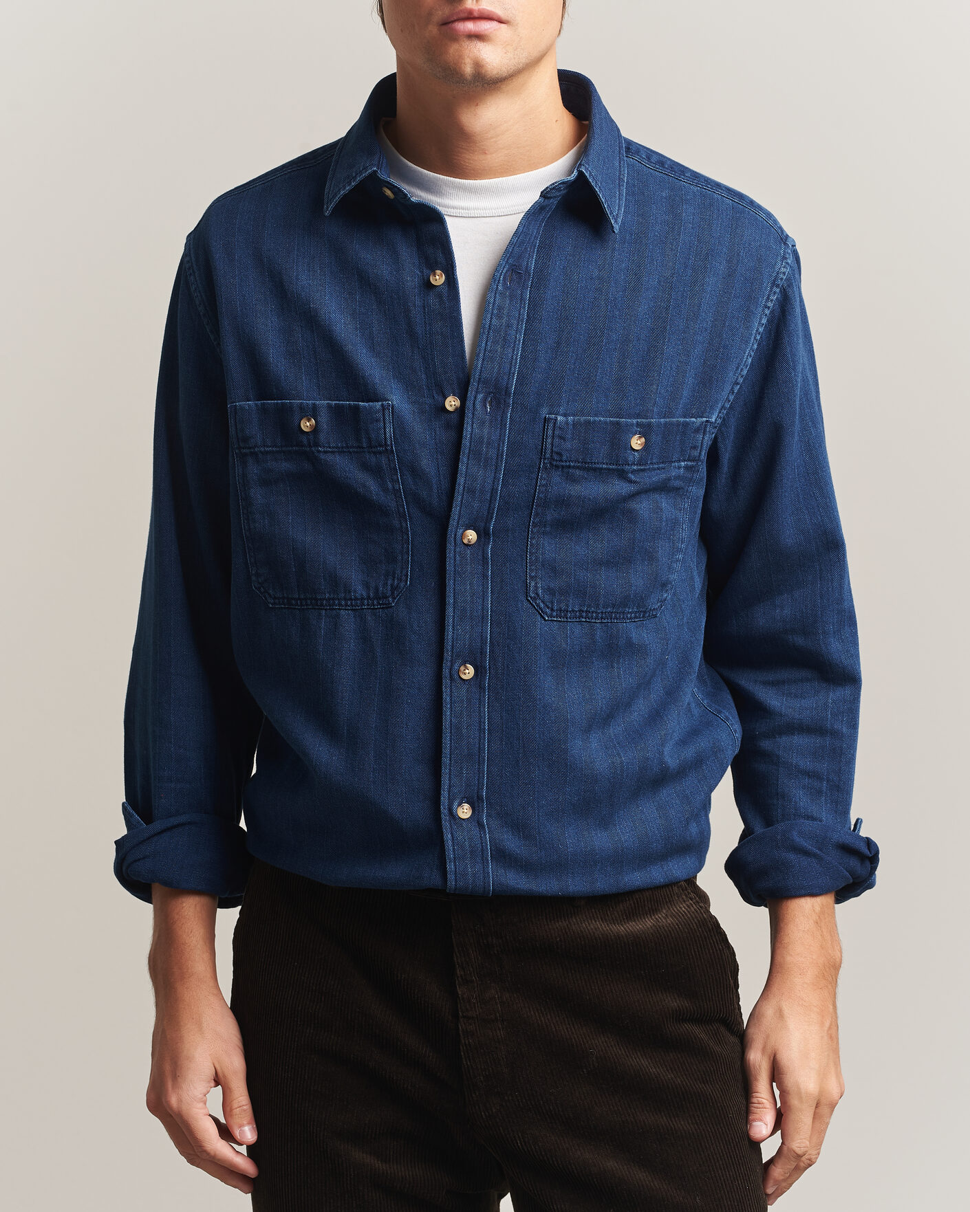 Hombres | Camisas | Gant | Regular Fit Indigo Herringbone Overshirt Mid Blue