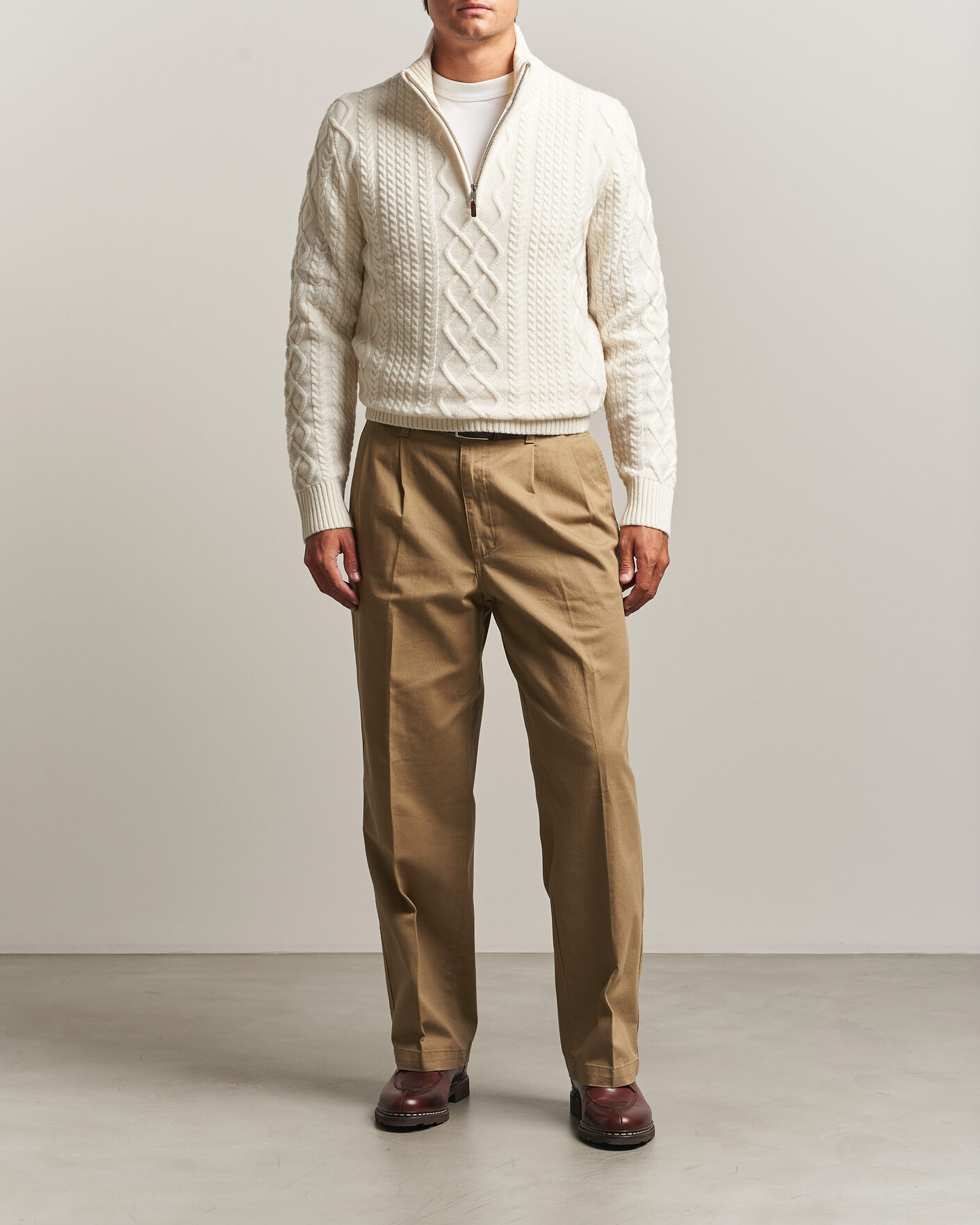 Hombres | Jerséis y prendas de punto | Gant | Wool Cable Knitted Half Zip Cream
