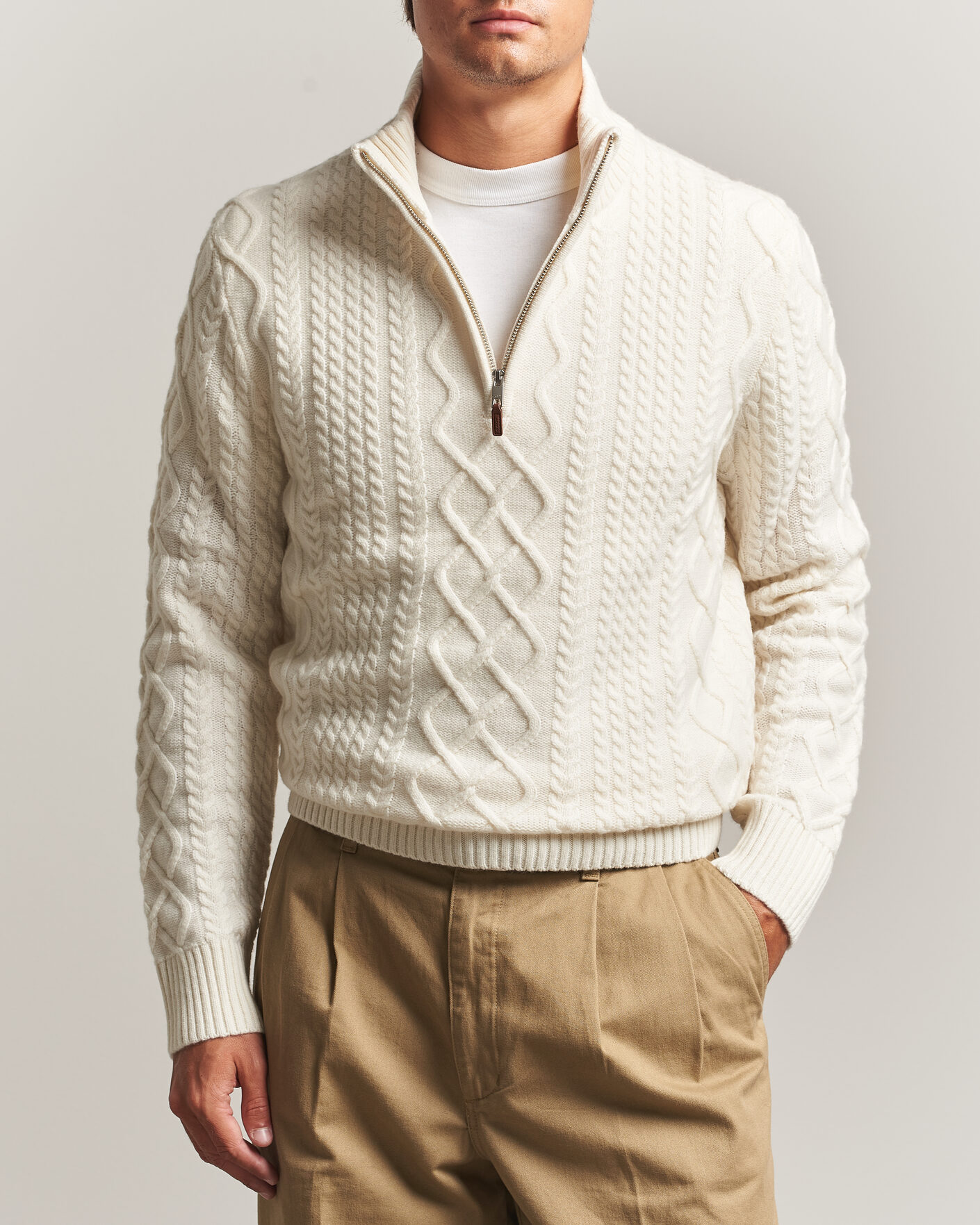Hombres | Jerséis y prendas de punto | Gant | Wool Cable Knitted Half Zip Cream