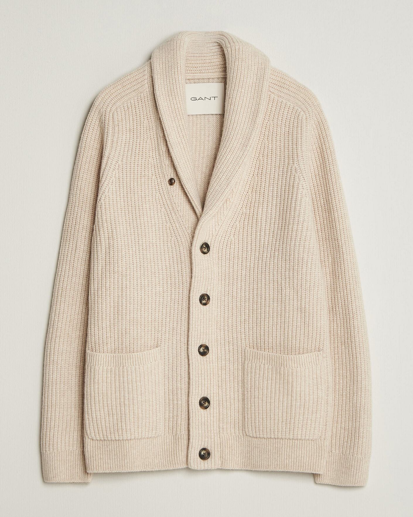 Hombres | Jerséis y prendas de punto | Gant | Wool/Cotton Ribbed Shawl Collar Cardigan Light Beige