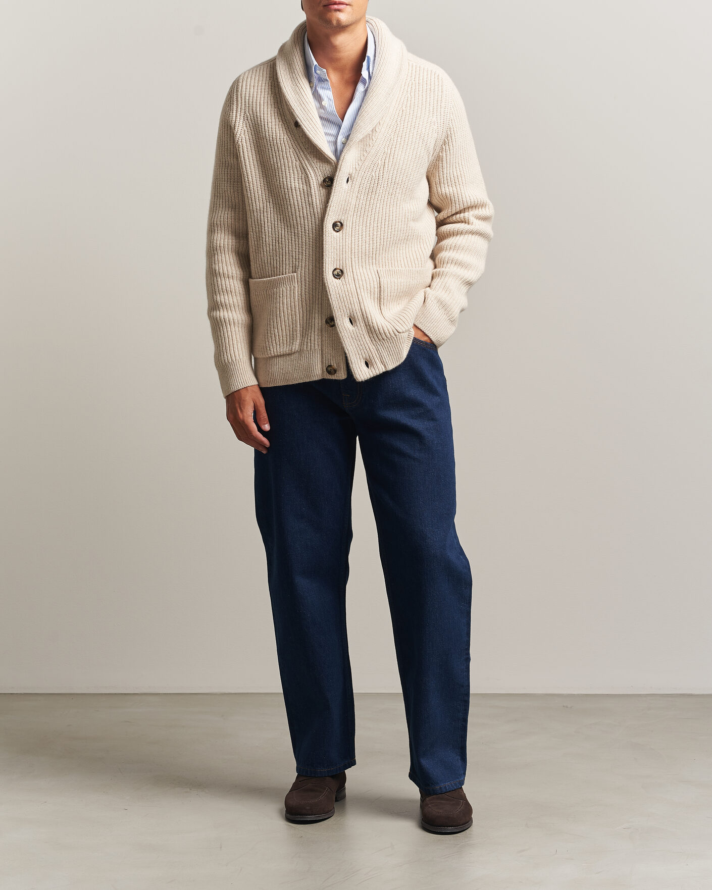 Hombres | Jerséis y prendas de punto | Gant | Wool/Cotton Ribbed Shawl Collar Cardigan Light Beige
