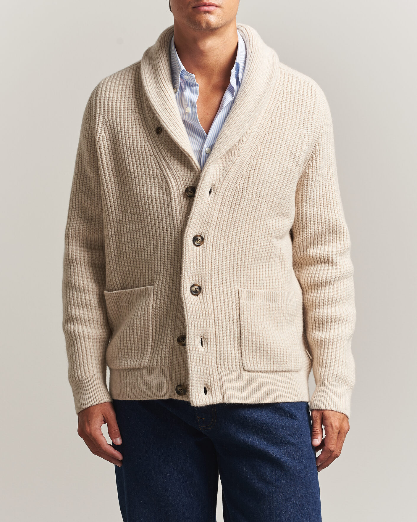 Hombres | Jerséis y prendas de punto | Gant | Wool/Cotton Ribbed Shawl Collar Cardigan Light Beige