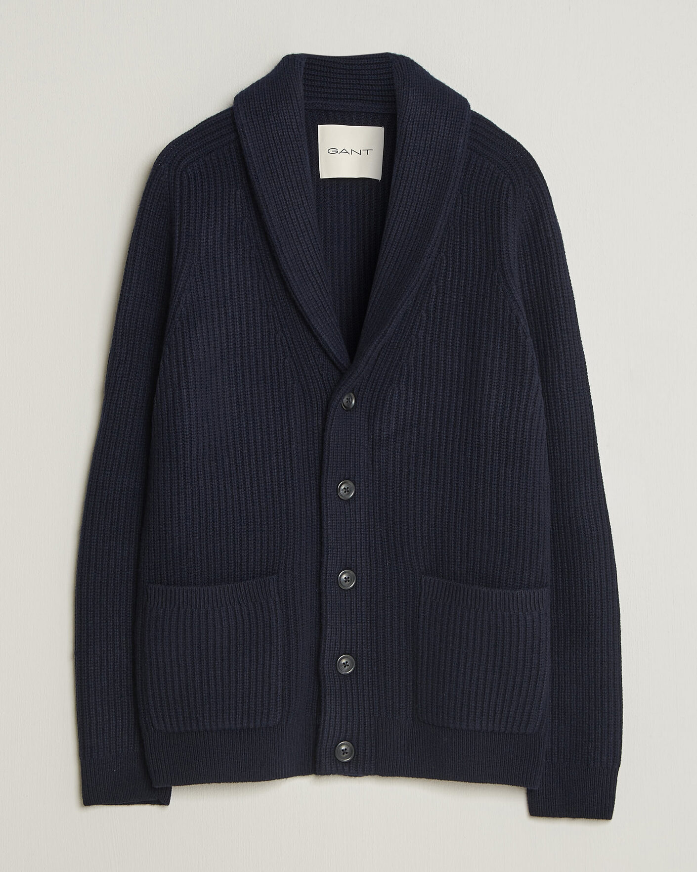 Hombres | Jerséis y prendas de punto | Gant | Wool/Cotton Ribbed Shawl Collar Cardigan Evening Blue