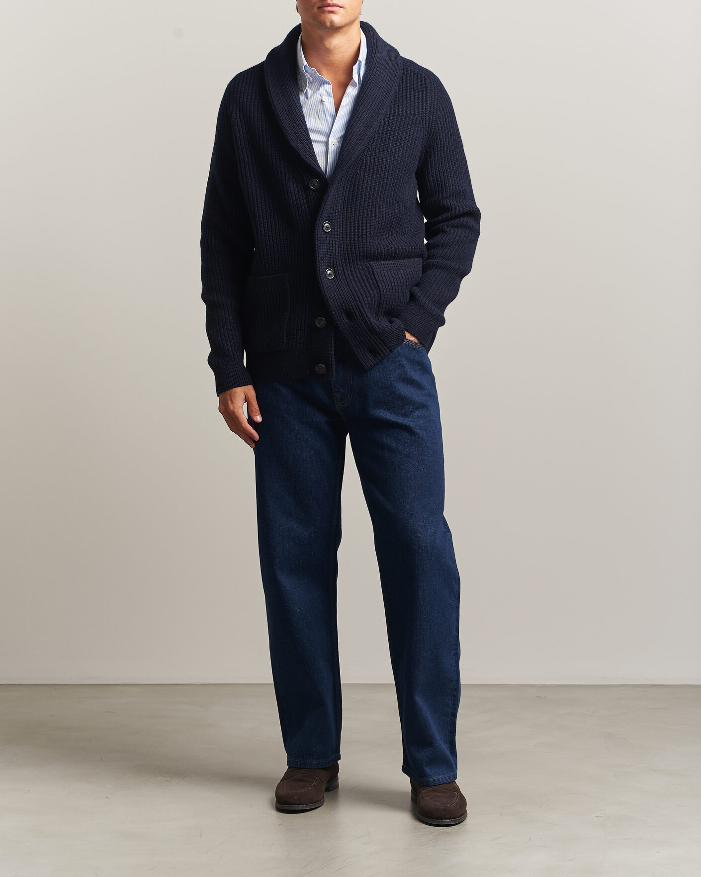 Hombres | Jerséis y prendas de punto | Gant | Wool/Cotton Ribbed Shawl Collar Cardigan Evening Blue