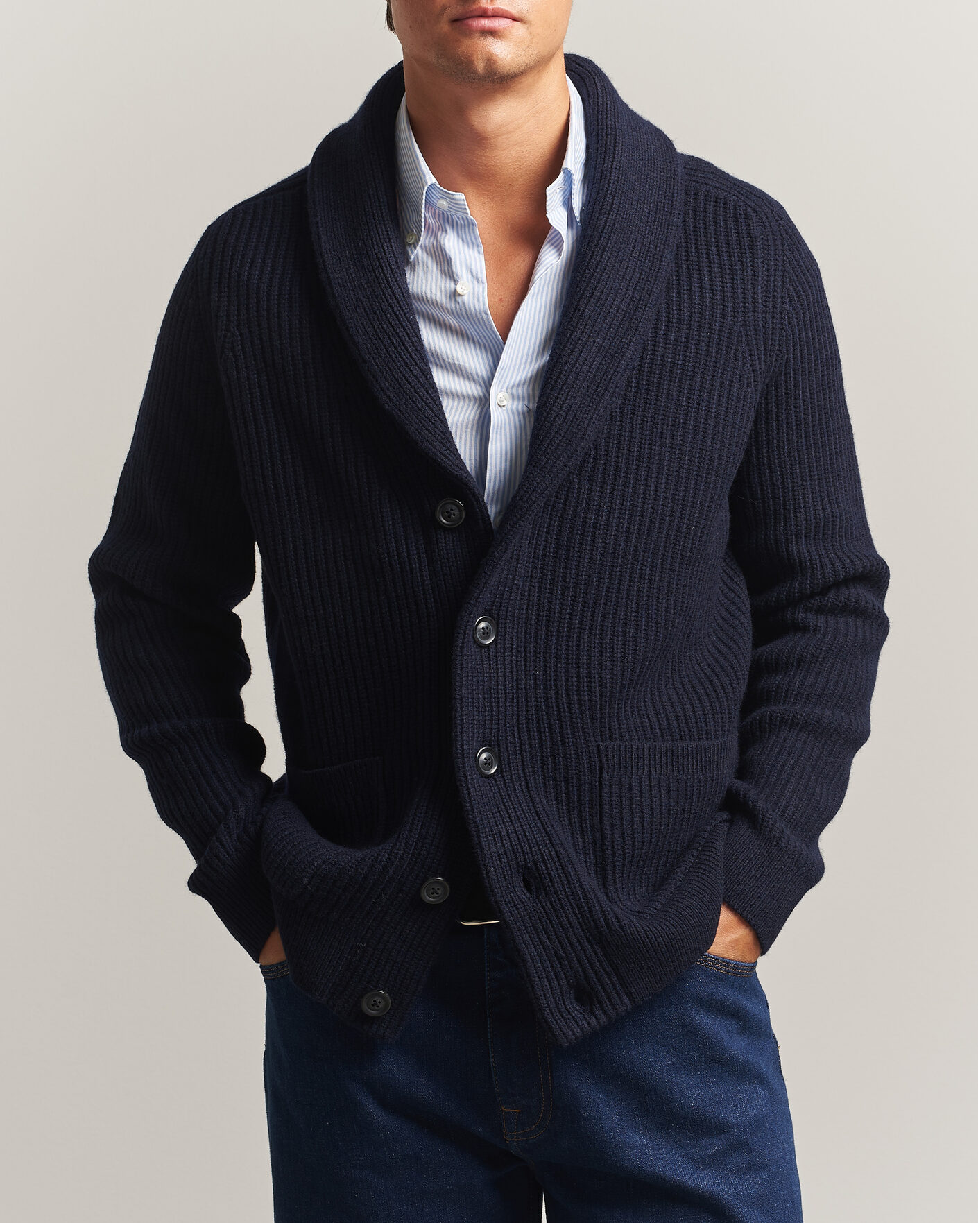 Hombres | Jerséis y prendas de punto | Gant | Wool/Cotton Ribbed Shawl Collar Cardigan Evening Blue