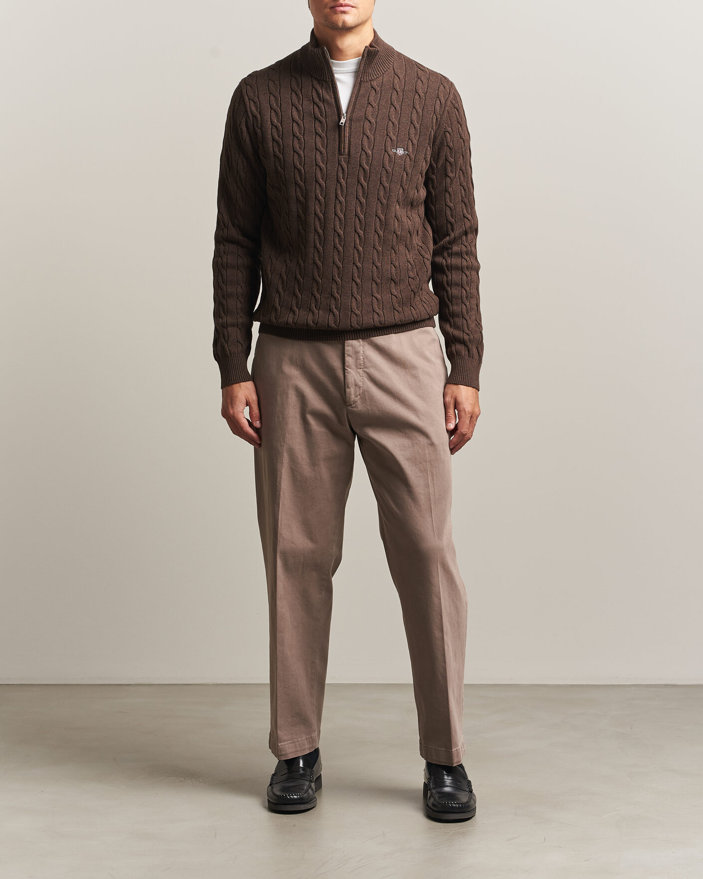 Hombres | Jerséis y prendas de punto | Gant | Cotton Cable Half Zip Black Brown Melange