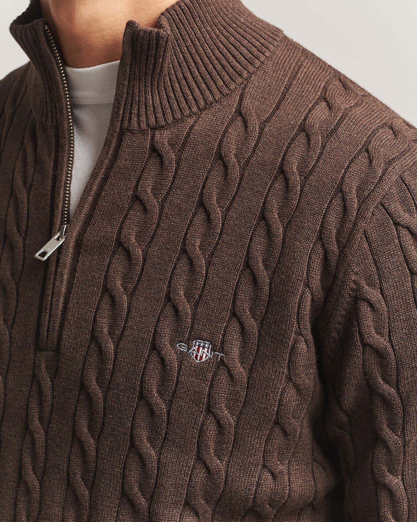 Hombres | Jerséis y prendas de punto | Gant | Cotton Cable Half Zip Black Brown Melange