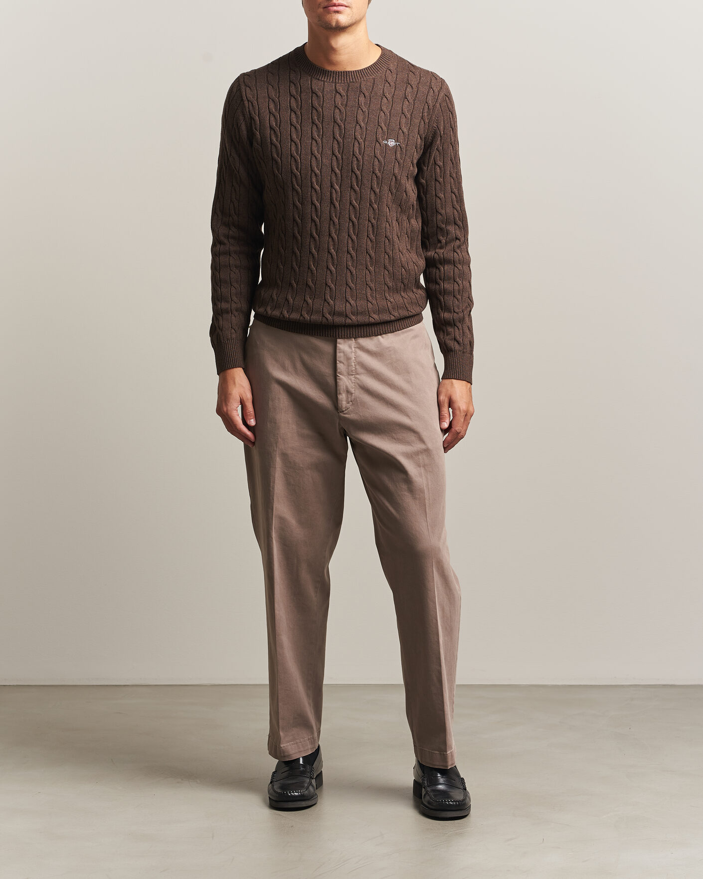 Hombres | Jerséis y prendas de punto | Gant | Cotton Cable Crew Neck Black Brown Melange
