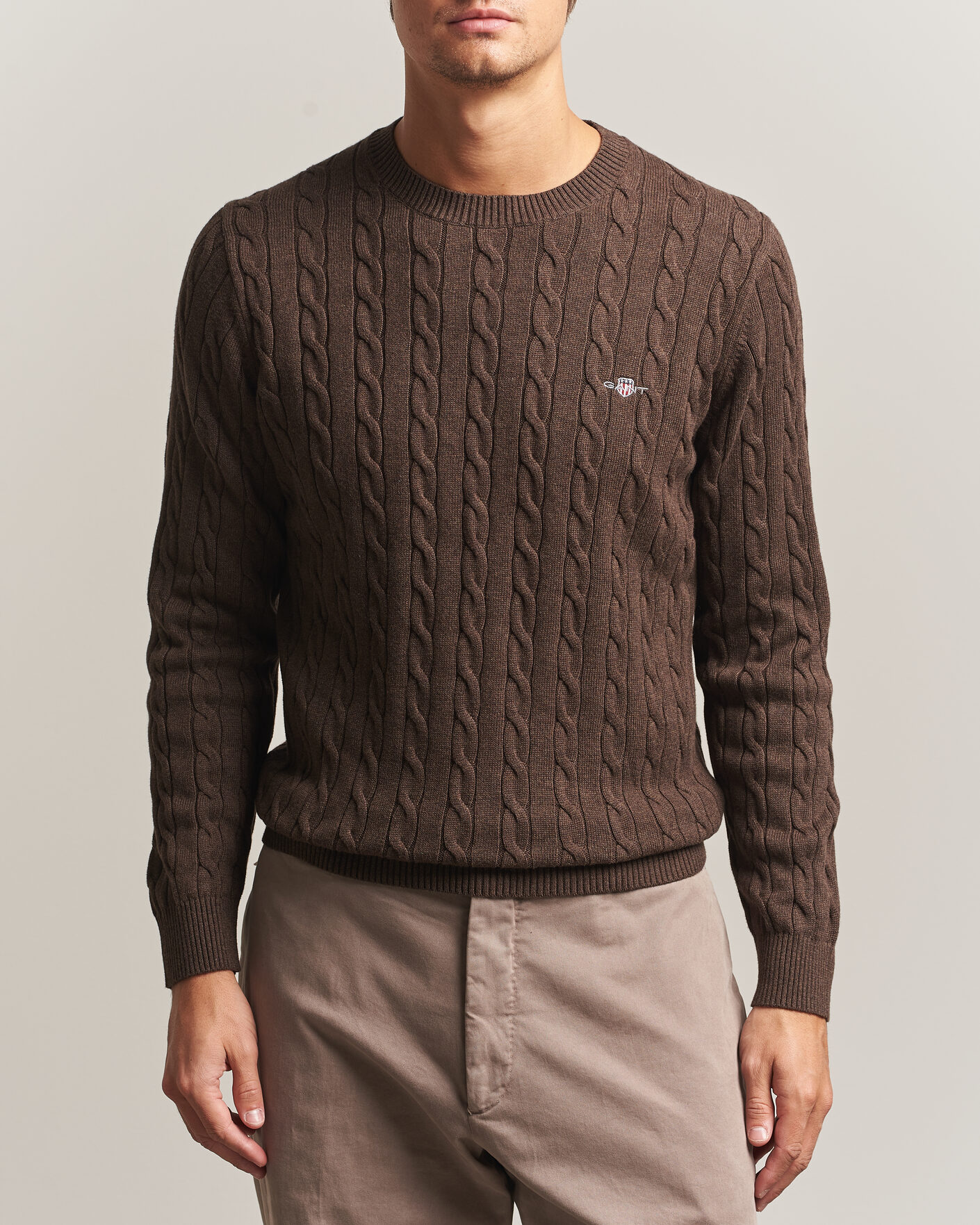 Hombres | Jerséis y prendas de punto | Gant | Cotton Cable Crew Neck Black Brown Melange