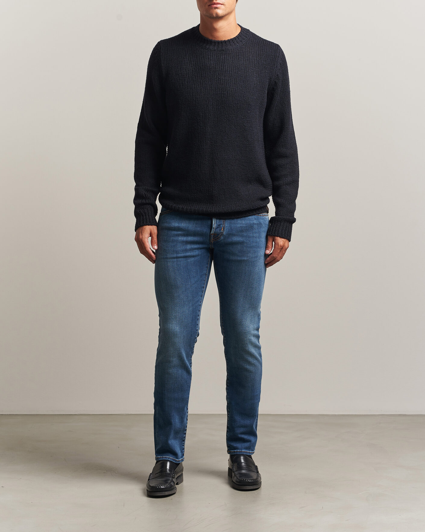 Hombres | Jerséis y prendas de punto | Jacob Cohën | Muffled Virgin Wool Link Stitch Sweater Navy