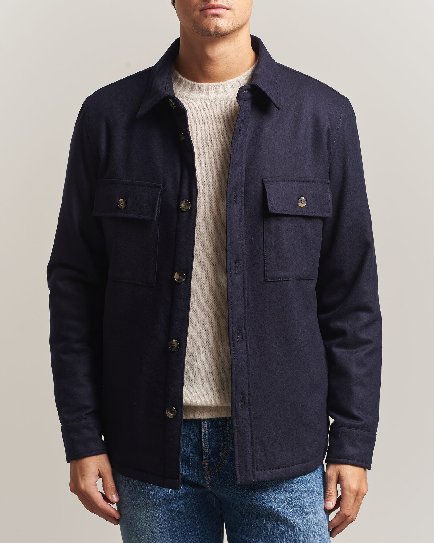 Hombres | Abrigos y chaquetas | Jacob Cohën | Wool Flannel Eco Fur Lined Shirt Jacket Navy
