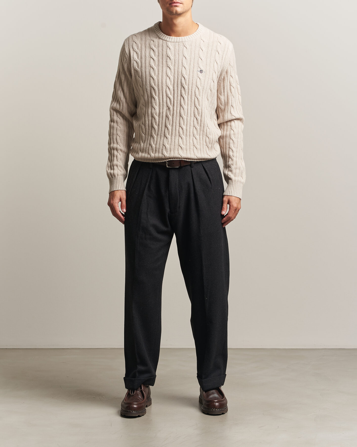 Hombres | Jerséis y prendas de punto | Gant | Lambswool Cable Crew Neck Clay Beige