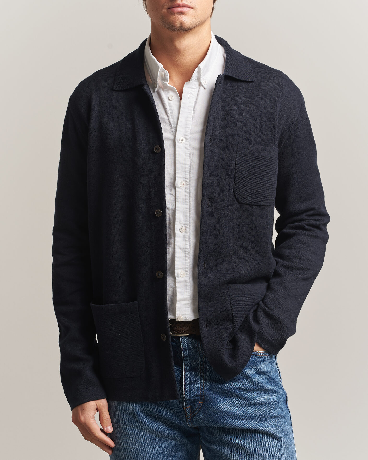 Hombres | Jerséis y prendas de punto | Morris | Dudley Knitted Overshirt Navy