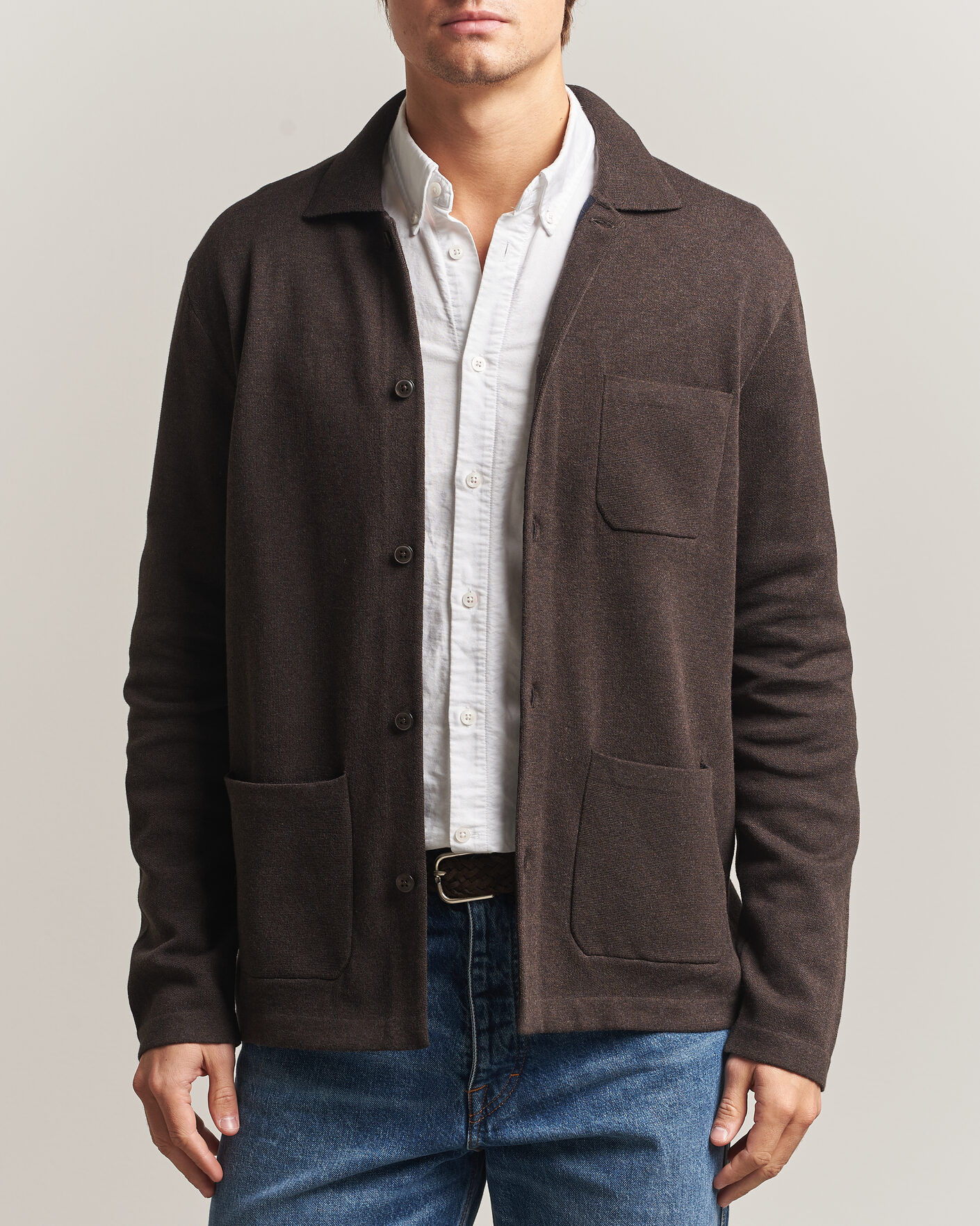 Hombres | Jerséis y prendas de punto | Morris | Dudley Knitted Overshirt Brown