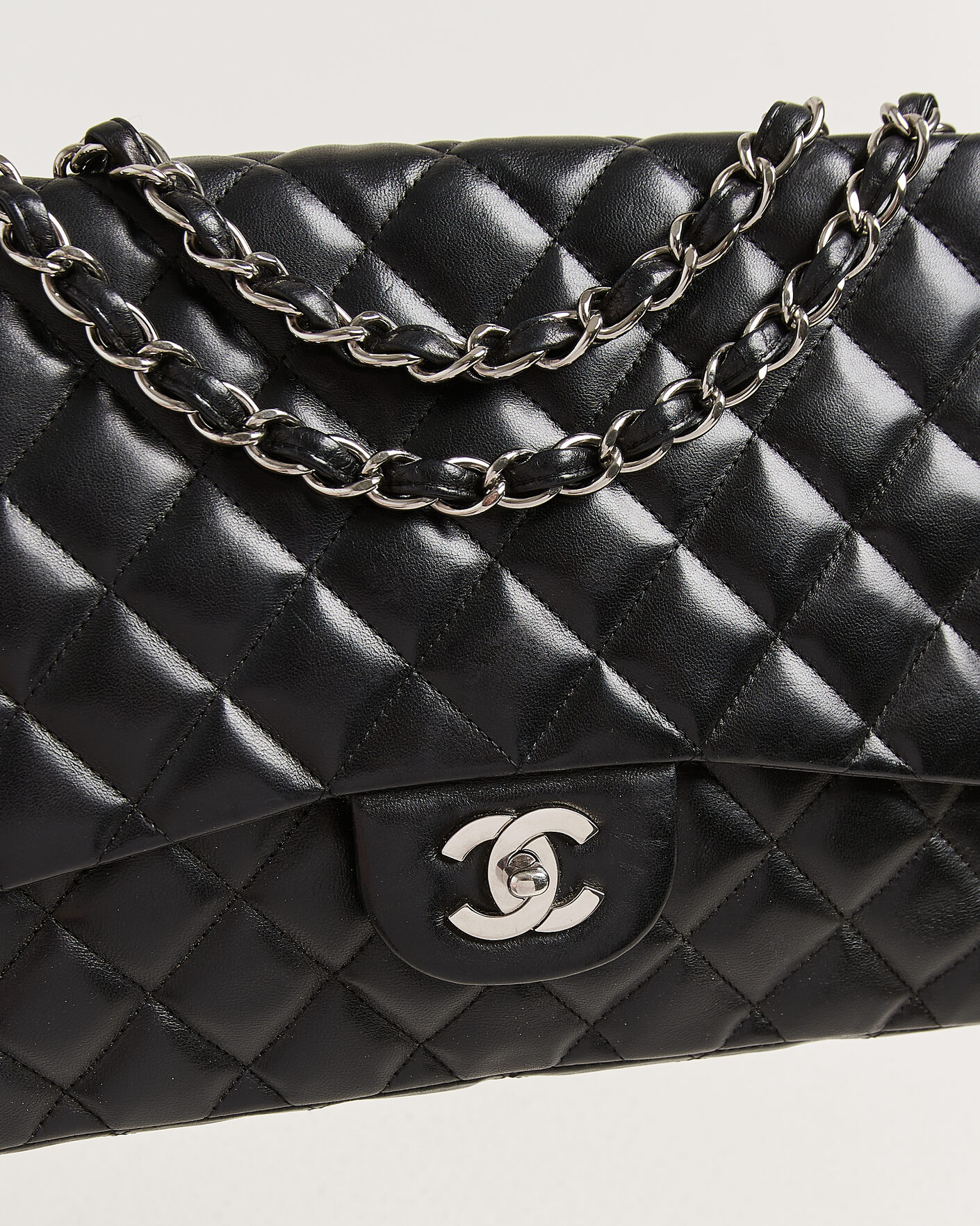 Hombres | Chanel Pre-Owned Classic Jumbo Single Flap Bag Lambskin Black | Chanel Pre-Owned | Classic Jumbo Single Flap Bag Lambskin Black