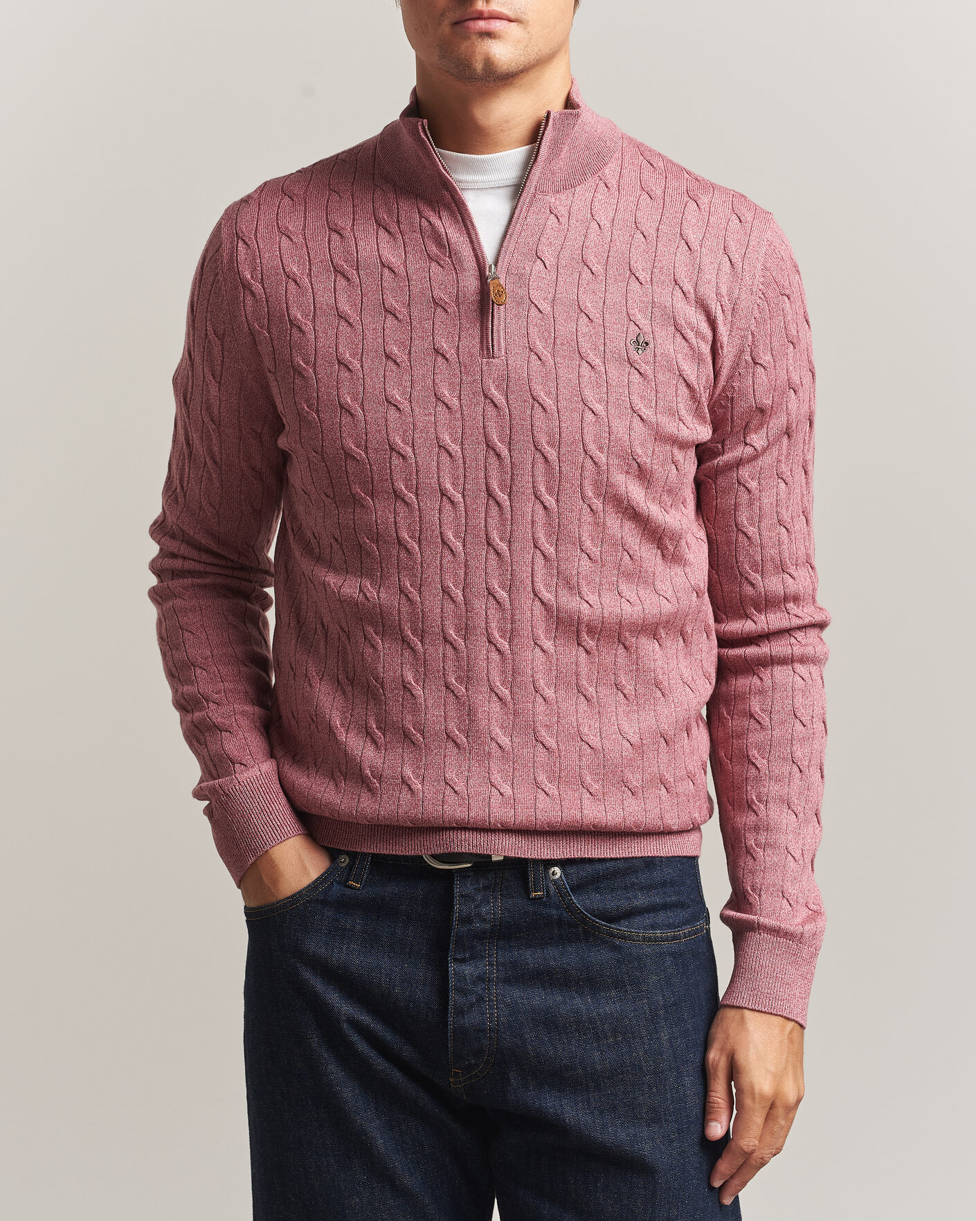 Hombres | Jerséis y prendas de punto | Morris | Merino Cable Half Zip Cerise