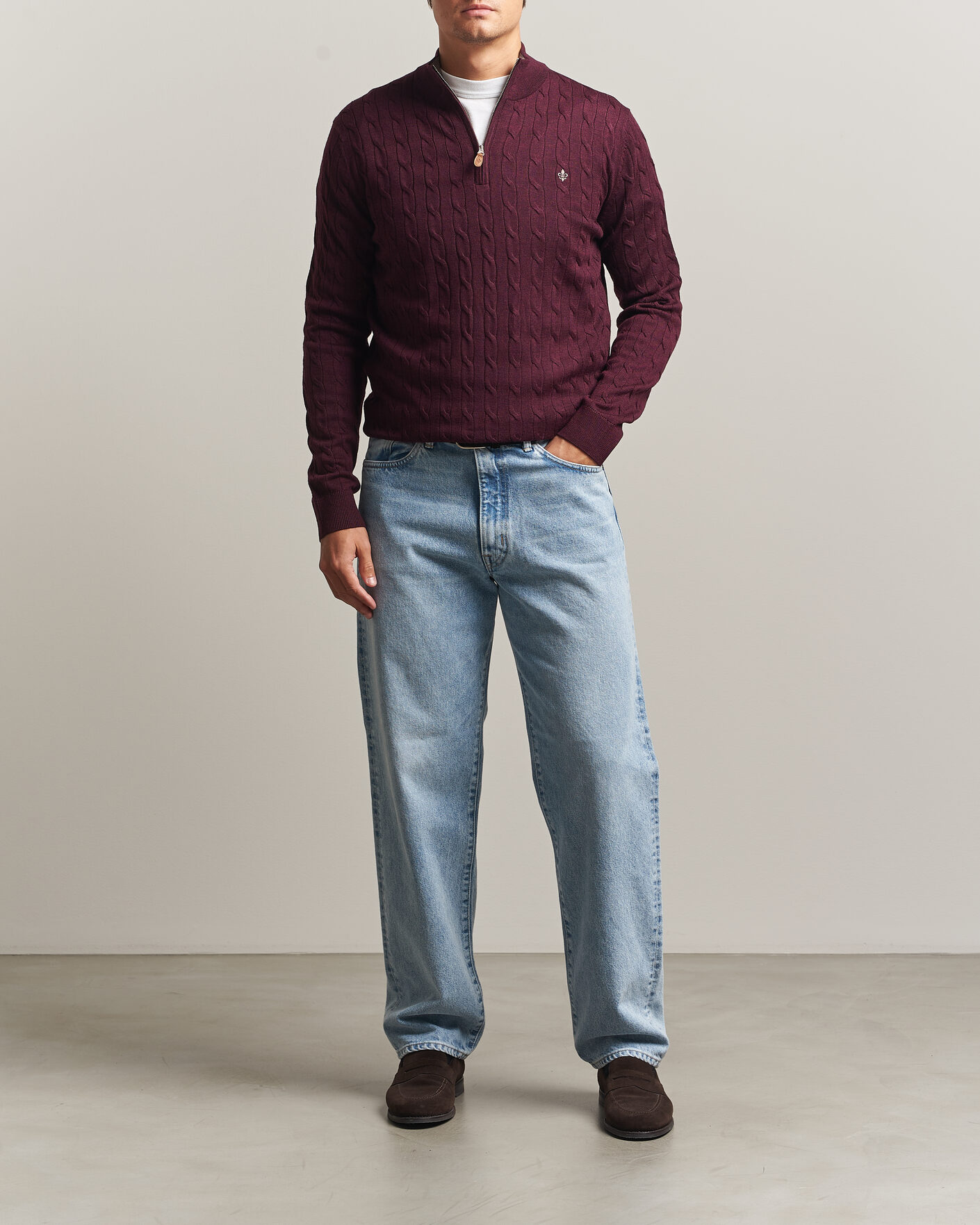 Hombres | Jerséis y prendas de punto | Morris | Merino Cable Half Zip Wine Red
