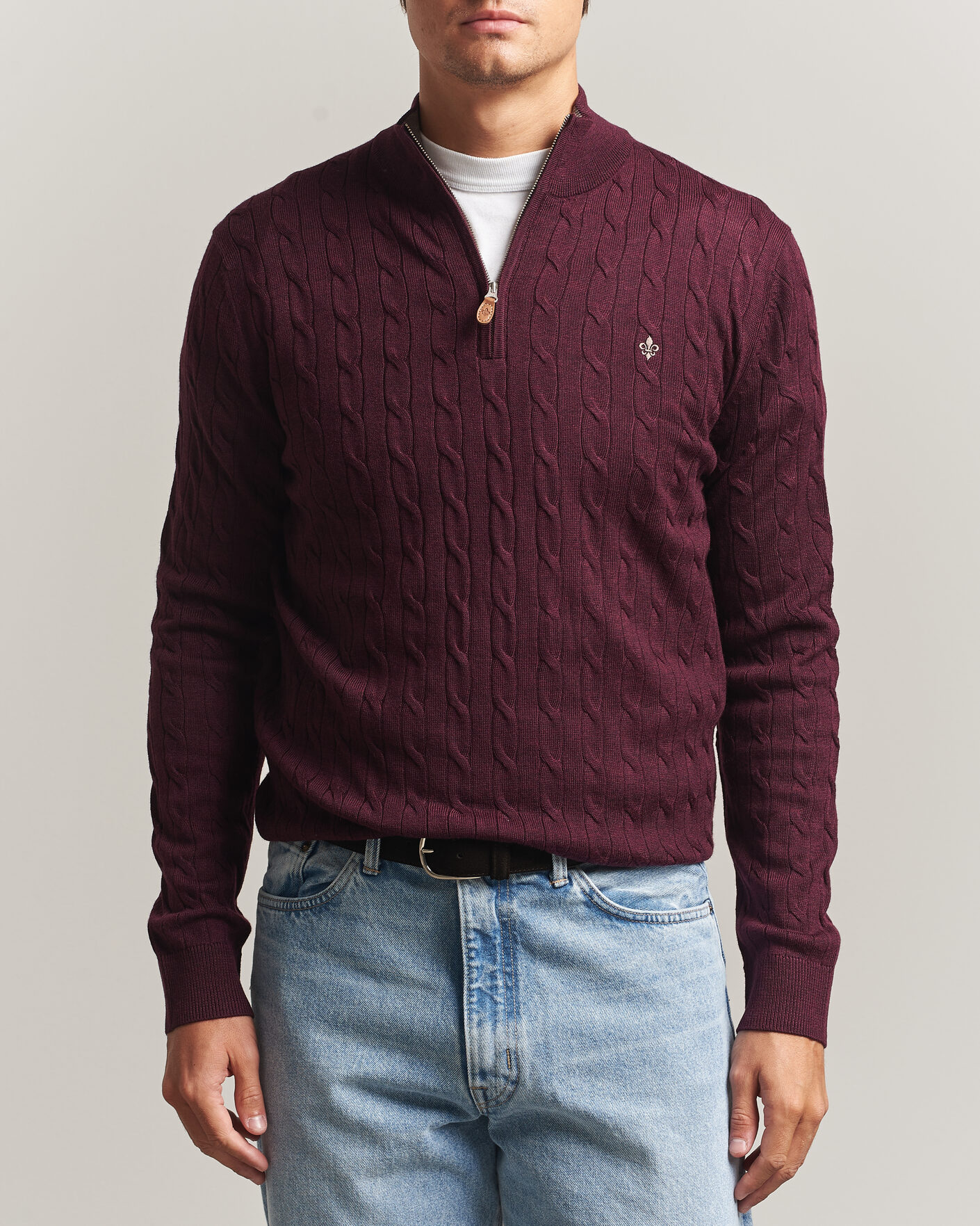 Hombres | Jerséis y prendas de punto | Morris | Merino Cable Half Zip Wine Red