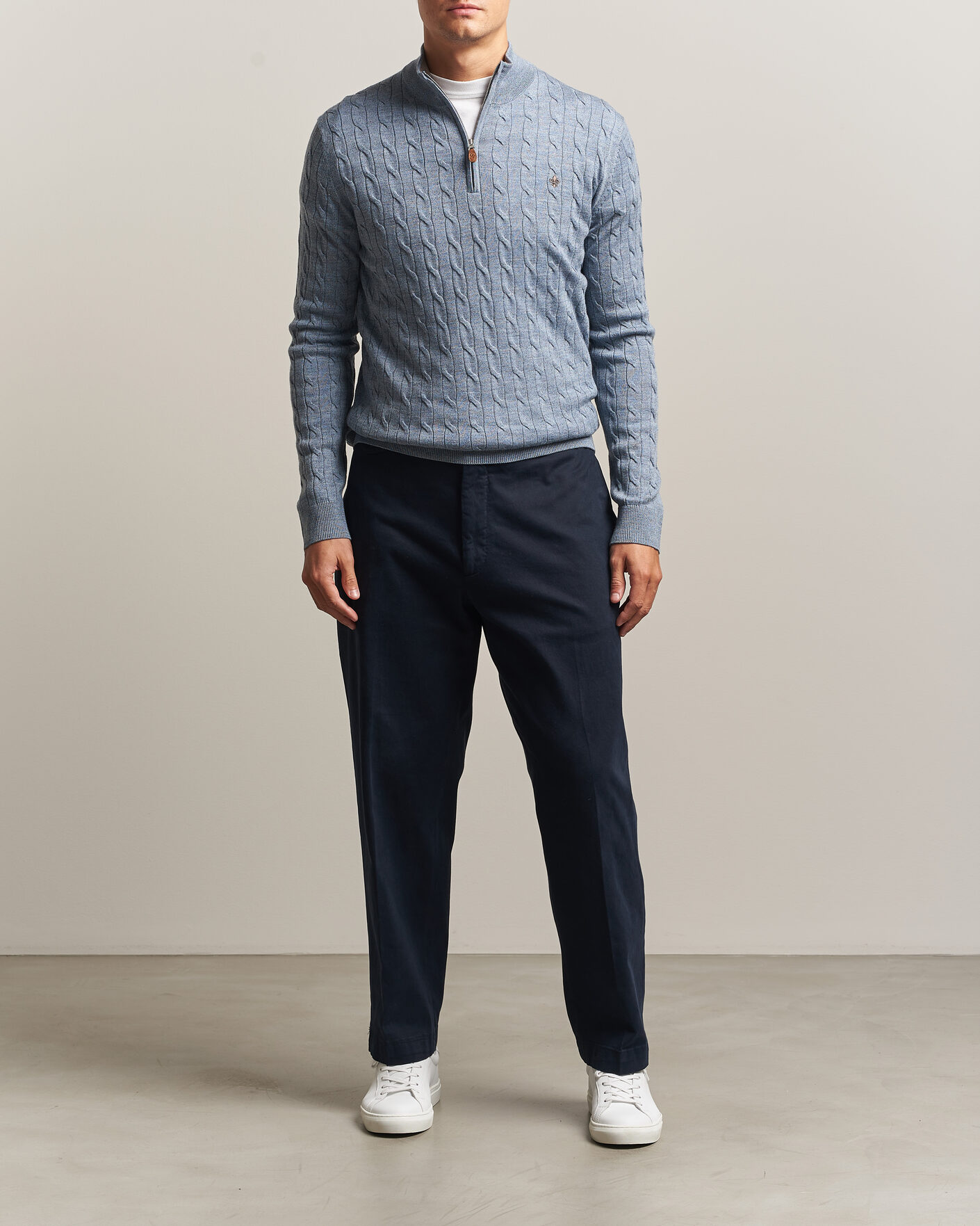 Hombres | Jerséis y prendas de punto | Morris | Merino Cable Half Zip Light Blue
