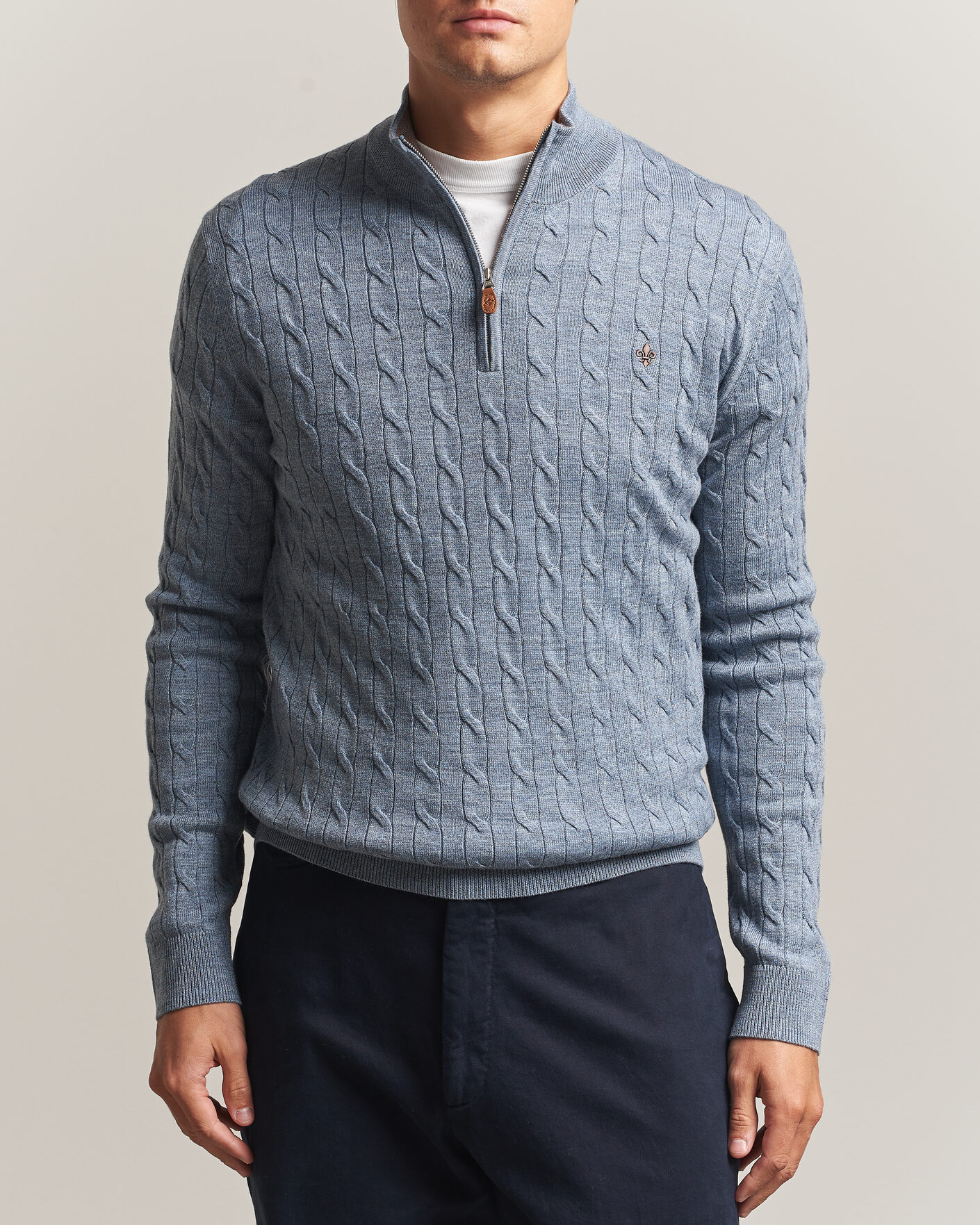 Hombres | Jerséis y prendas de punto | Morris | Merino Cable Half Zip Light Blue