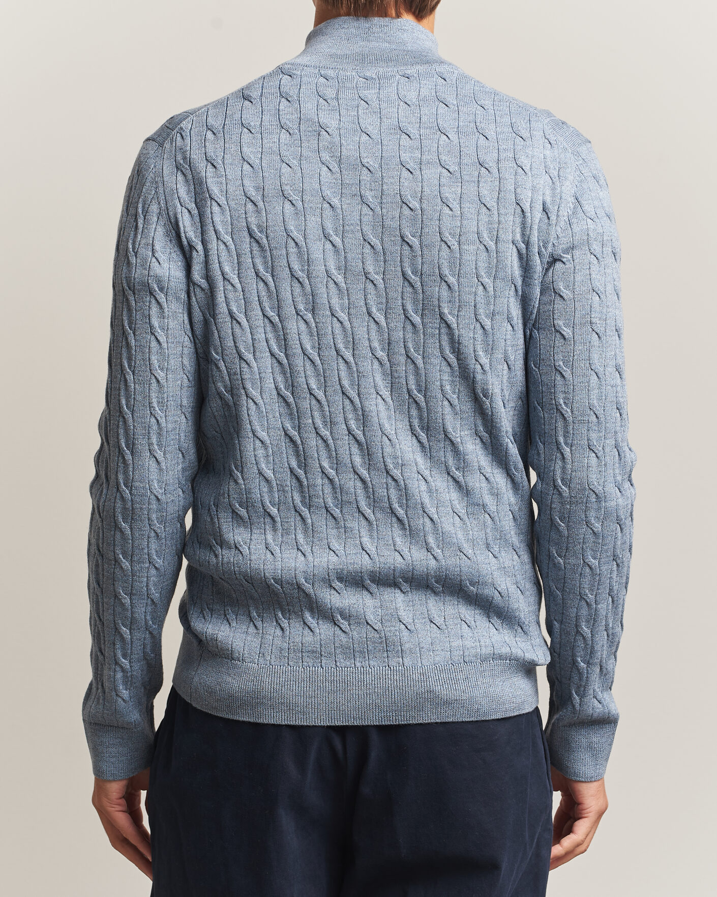 Hombres | Jerséis y prendas de punto | Morris | Merino Cable Half Zip Light Blue