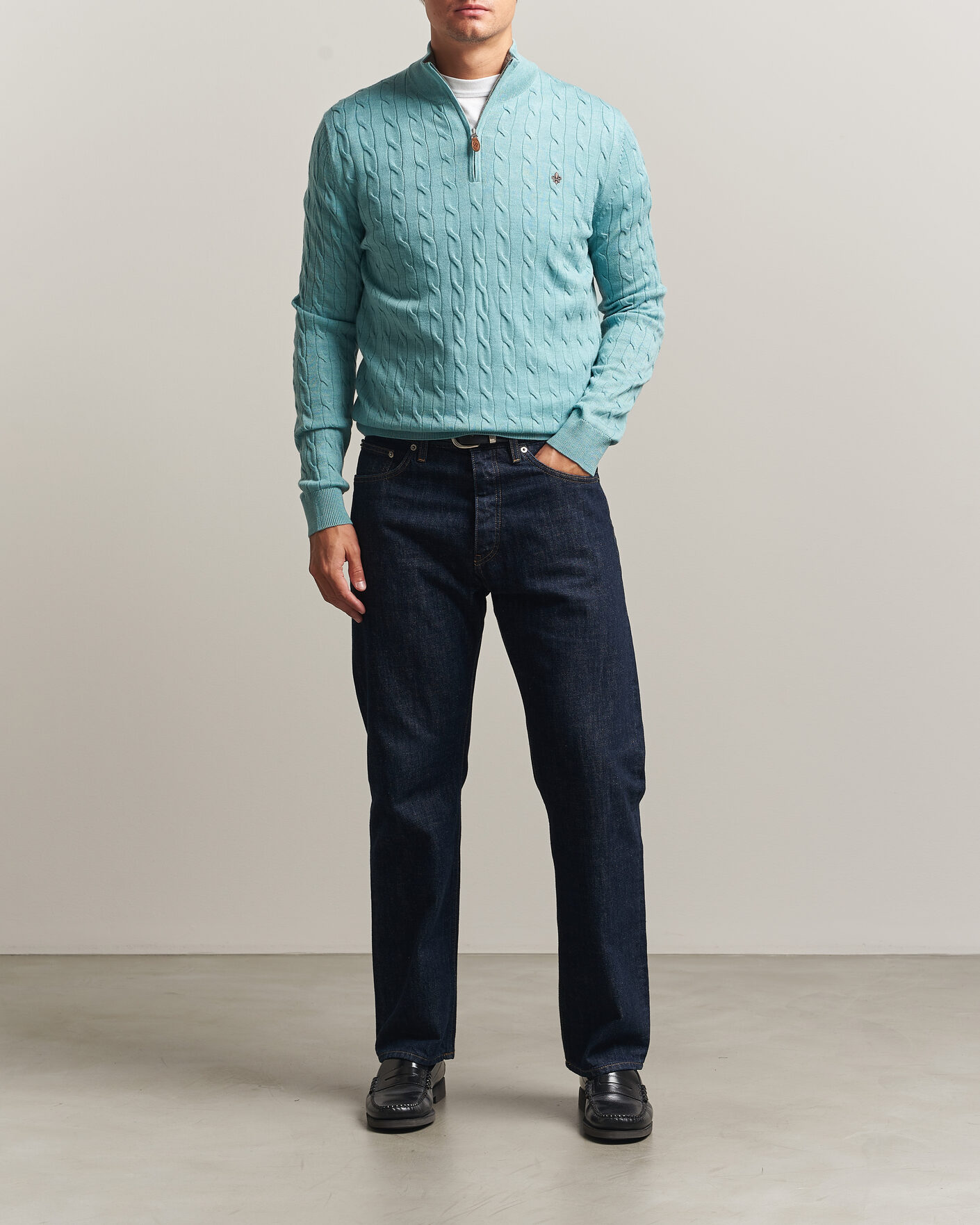 Hombres | Jerséis y prendas de punto | Morris | Merino Cable Half Zip Ocean Blue