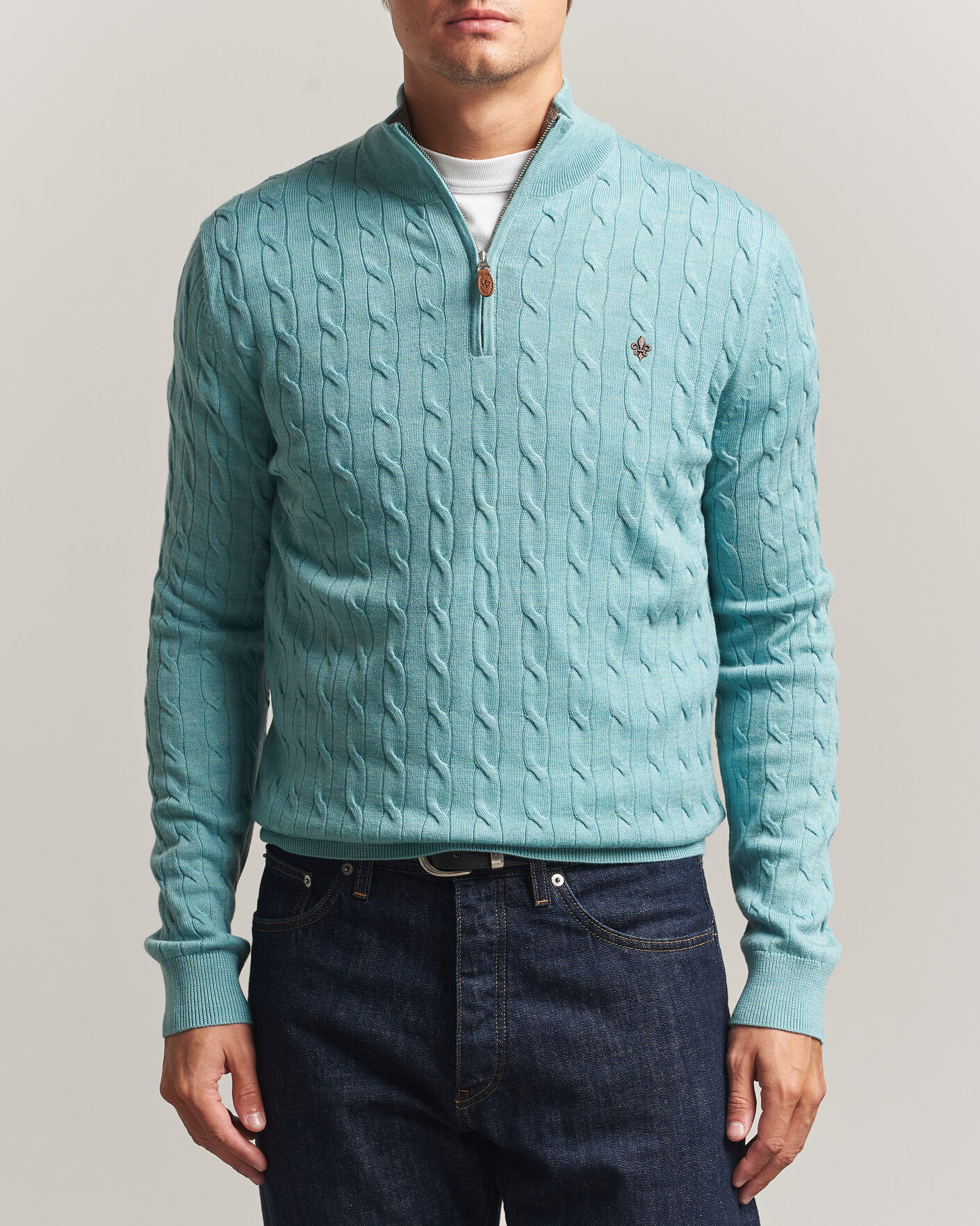 Hombres | Jerséis y prendas de punto | Morris | Merino Cable Half Zip Ocean Blue