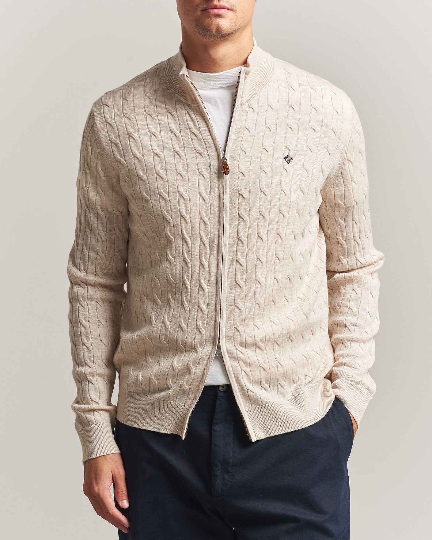 Hombres | Jerséis y prendas de punto | Morris | Merino Cable Zip Cardigan Off White