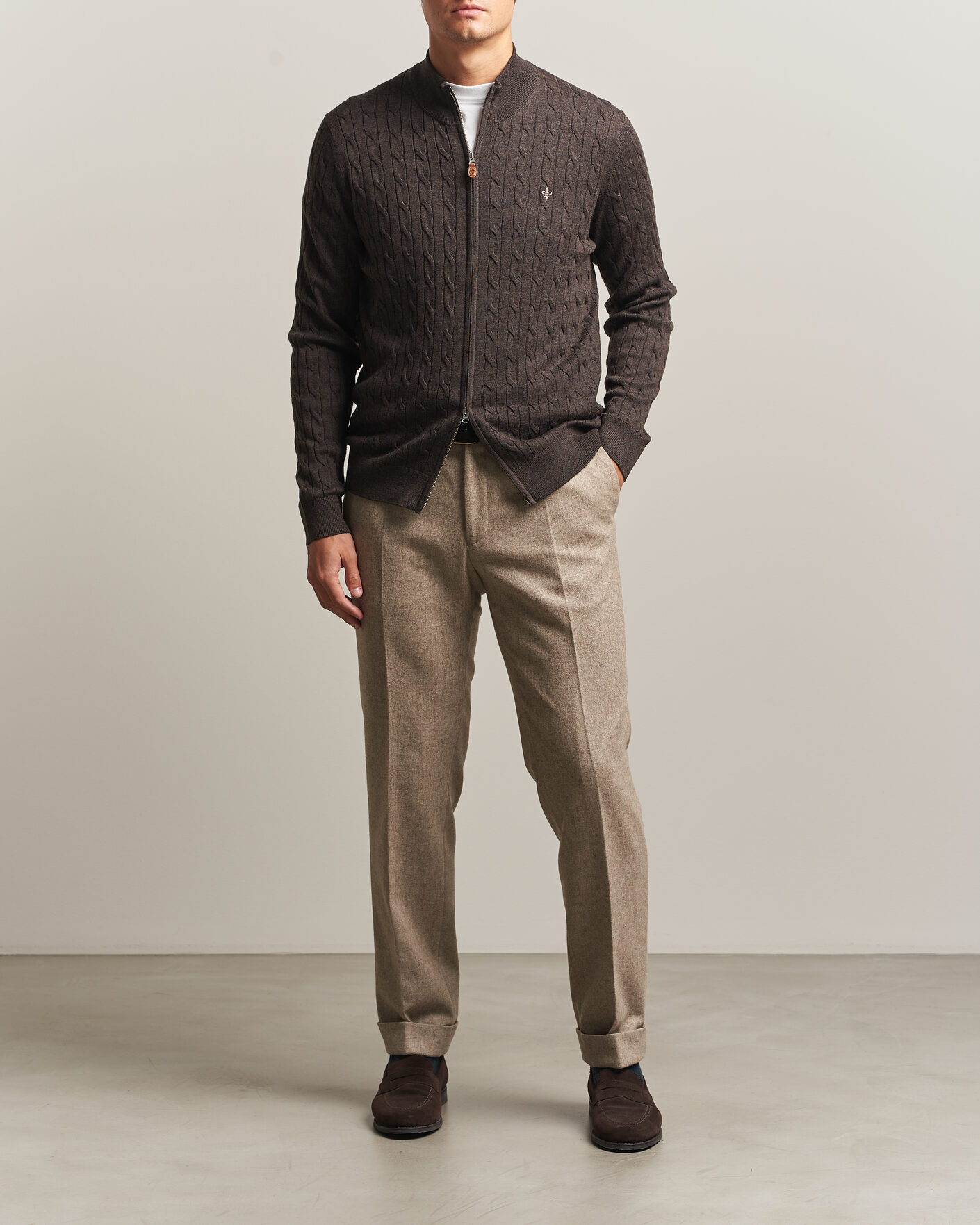 Hombres | Jerséis y prendas de punto | Morris | Merino Cable Zip Cardigan Brown