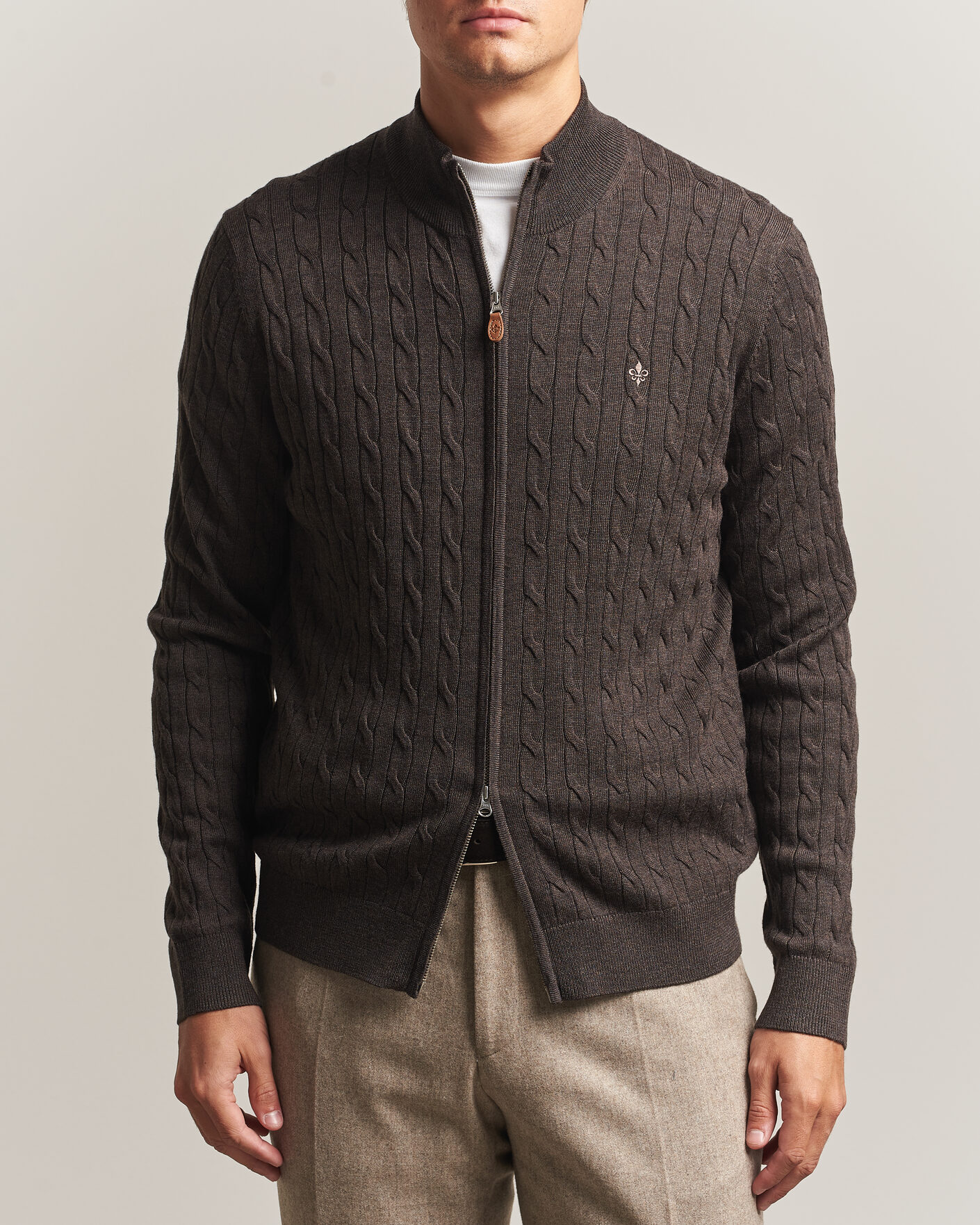 Hombres | Jerséis y prendas de punto | Morris | Merino Cable Zip Cardigan Brown