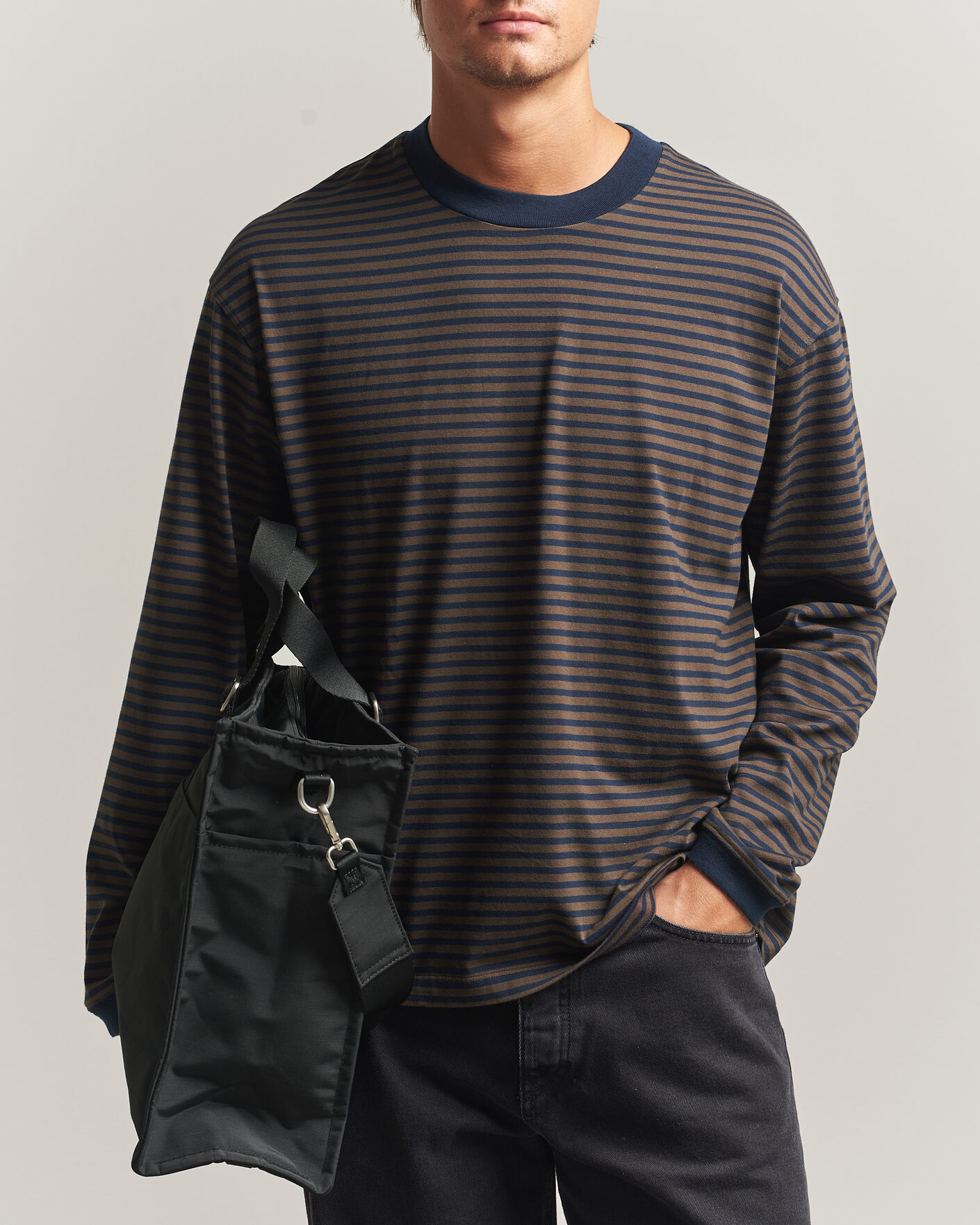 Hombres | Camisetas | NN07 | Lionel Striped Long Sleeve T-Shirt Navy/Brown