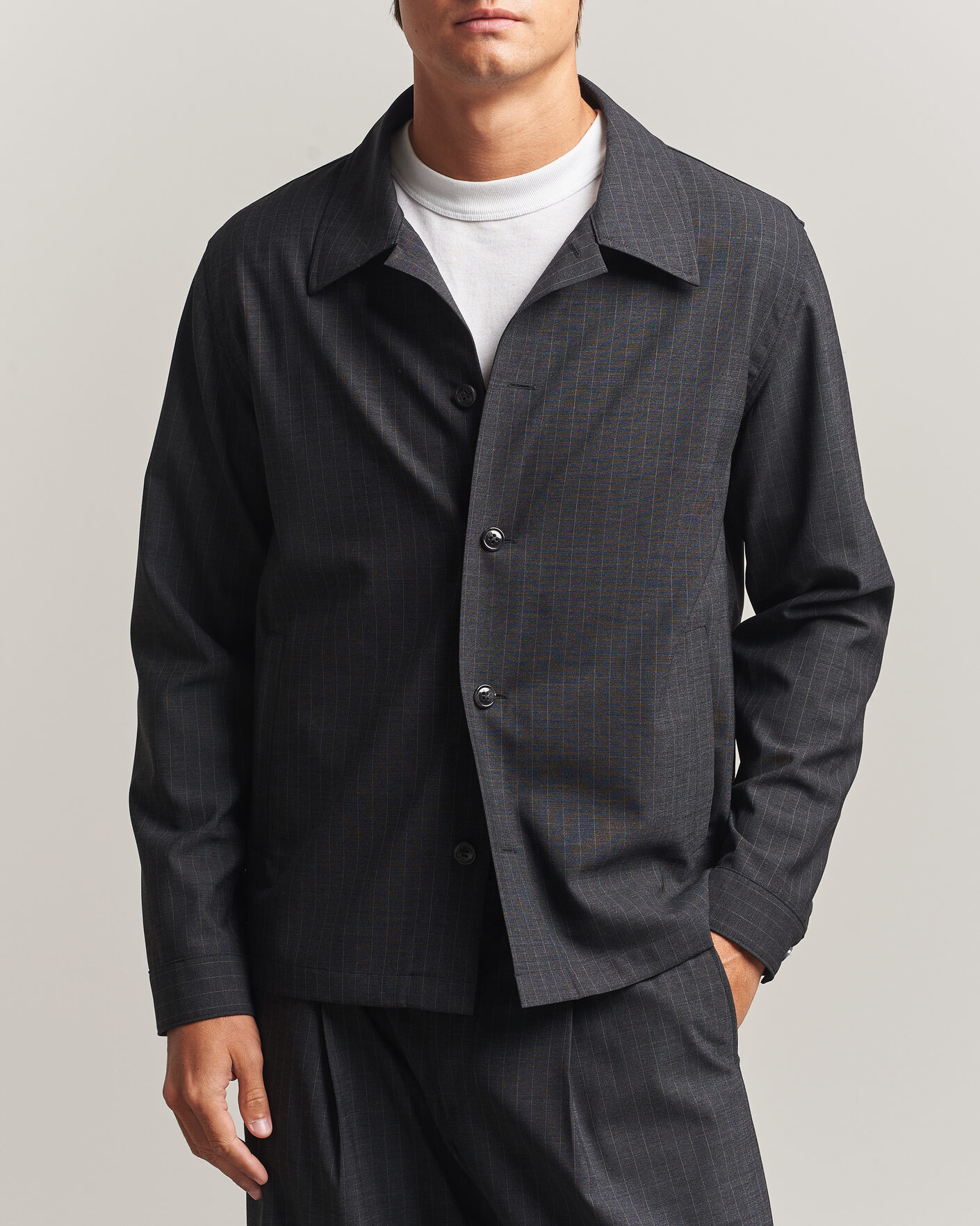 Hombres | Camisas | NN07 | Zander Wool Pinstriped Overshirt Dark Grey
