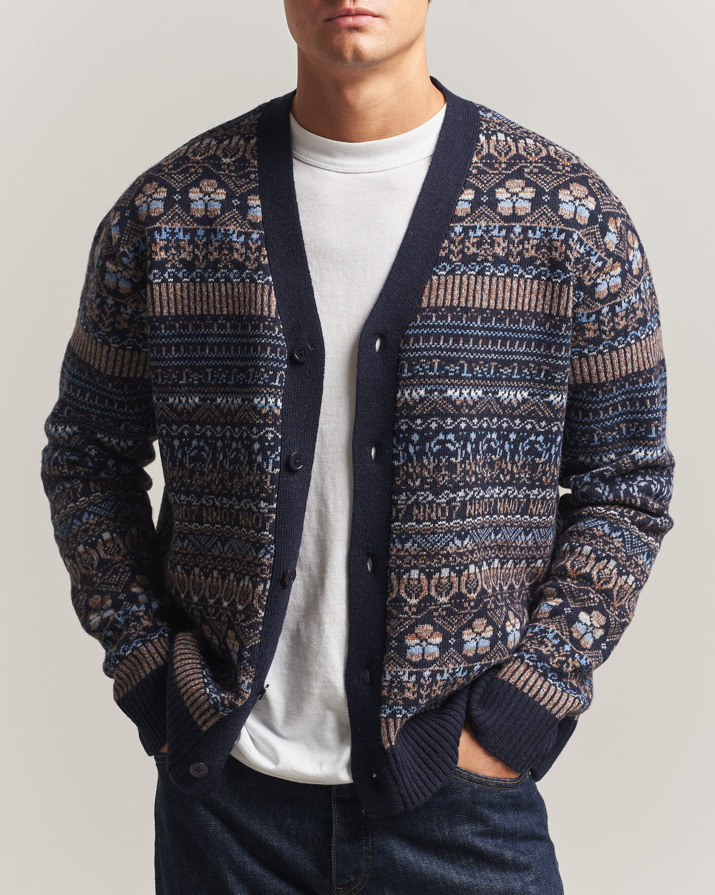 Hombres | Jerséis y prendas de punto | NN07 | Tobias Fairisle Wool Knitted Cardigan Navy Blue
