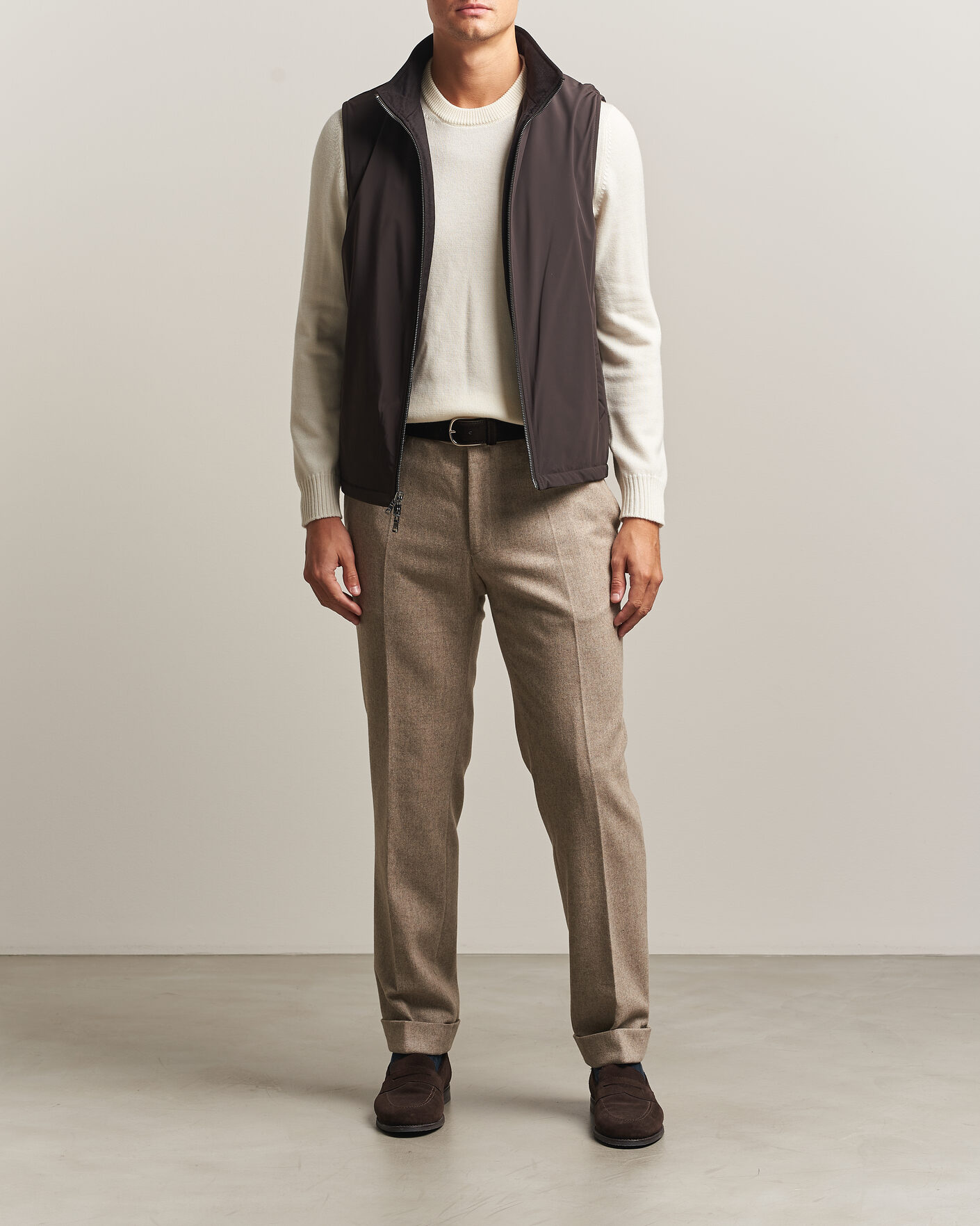 Hombres | Chalecos | Oscar Jacobson | Nylon/Wool Reversible Vest Brown