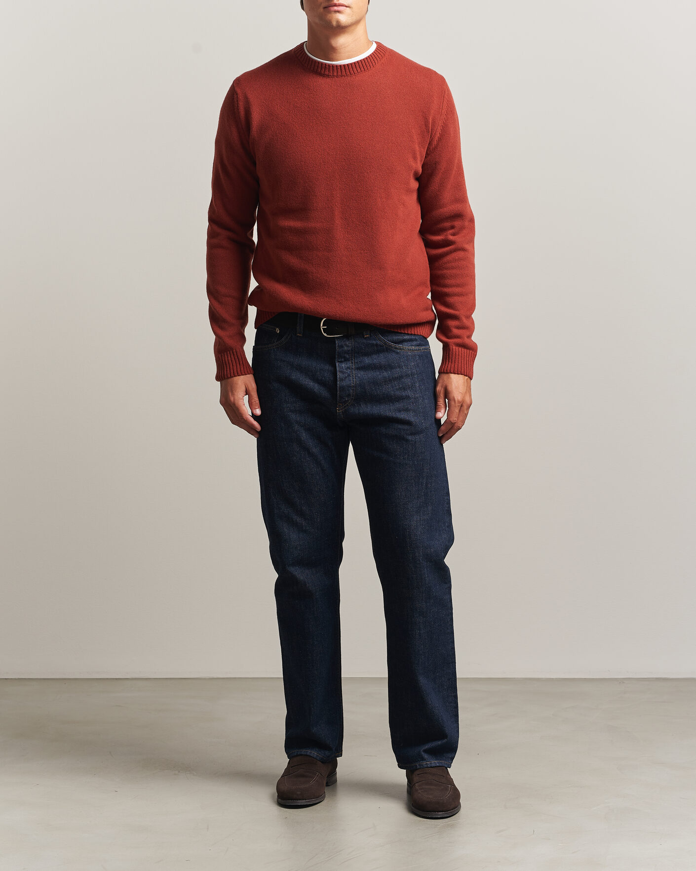 Hombres | Jerséis y prendas de punto | Stenströms | Brushed Merino Crew Neck Burnt Orange