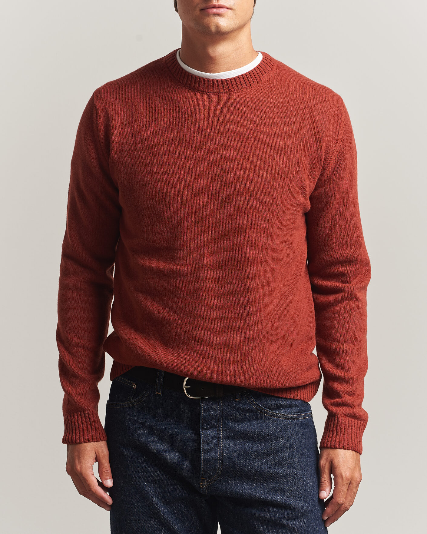 Hombres | Jerséis y prendas de punto | Stenströms | Brushed Merino Crew Neck Burnt Orange