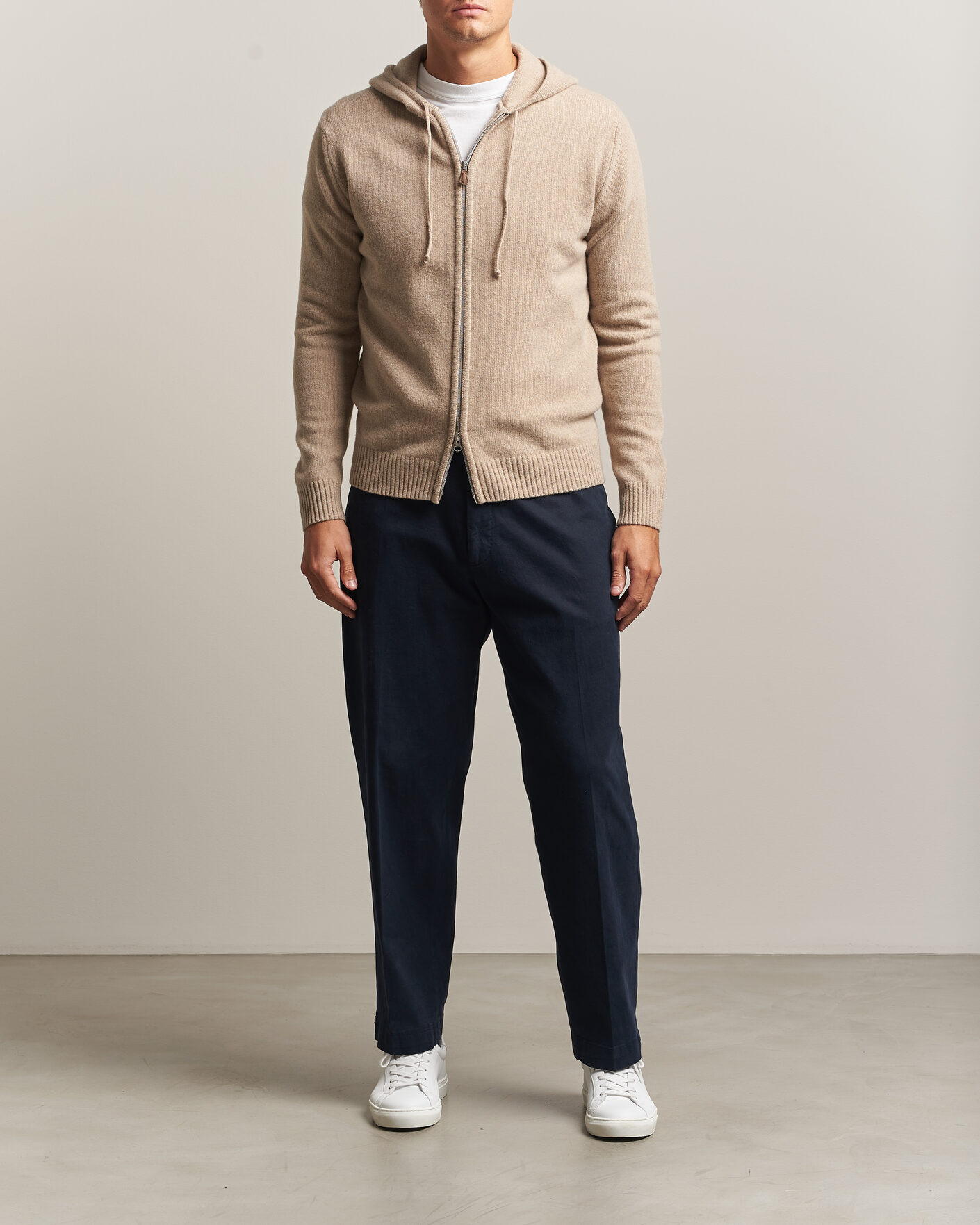 Hombres | Jerséis y prendas de punto | Stenströms | Brushed Merino Full-Zip Hood Beige