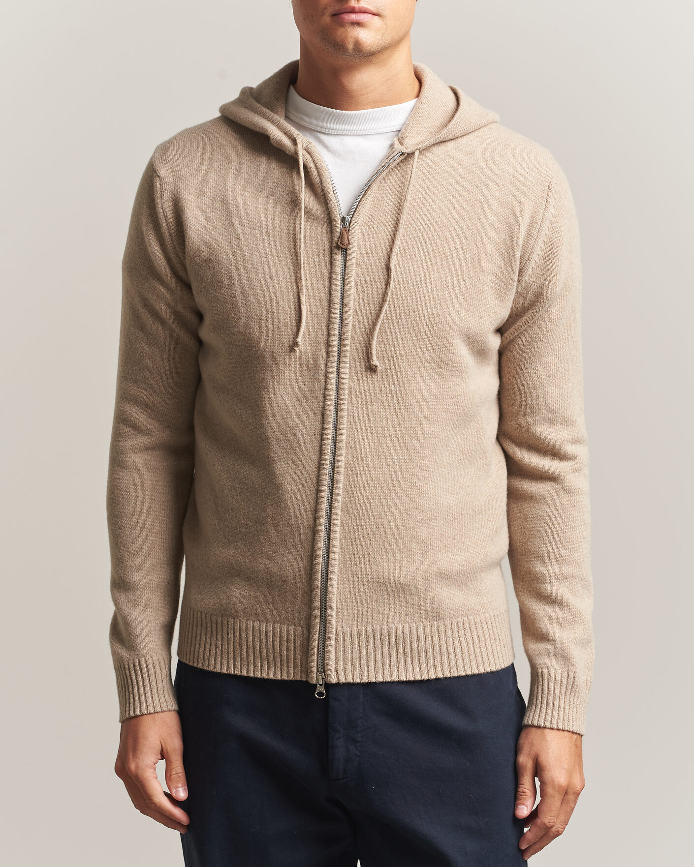 Hombres | Jerséis y prendas de punto | Stenströms | Brushed Merino Full-Zip Hood Beige