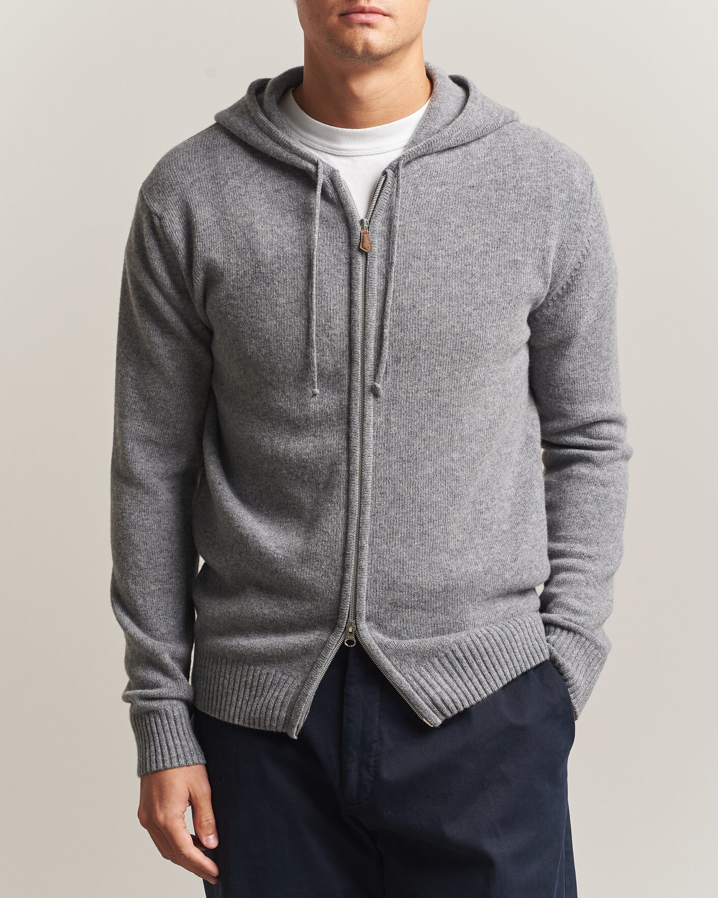 Hombres | Jerséis y prendas de punto | Stenströms | Brushed Merino Full-Zip Hood Grey
